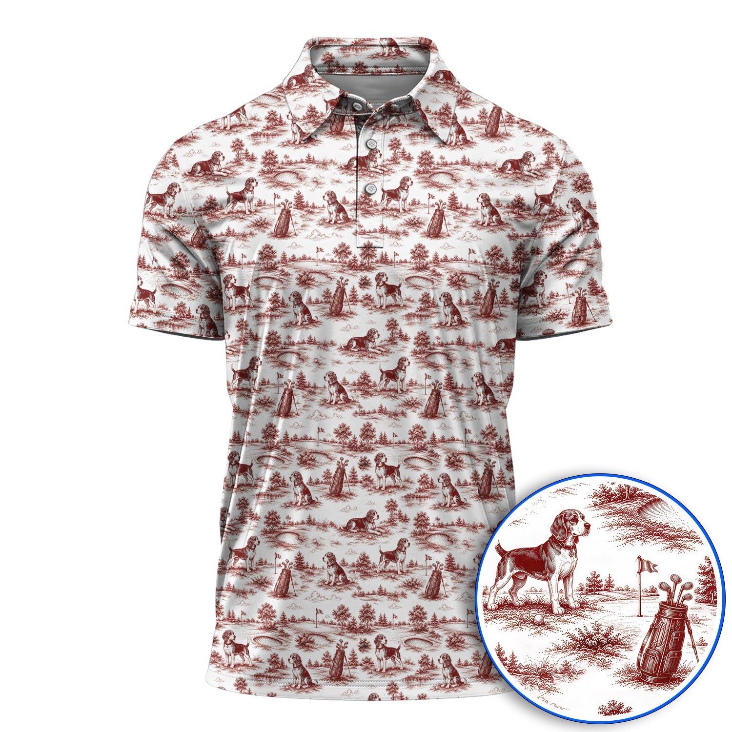 Beagle Toile De Jouy Golf Shirt, Vintage Dog Pattern Golf Polos, Beagle Lover Golf Gift