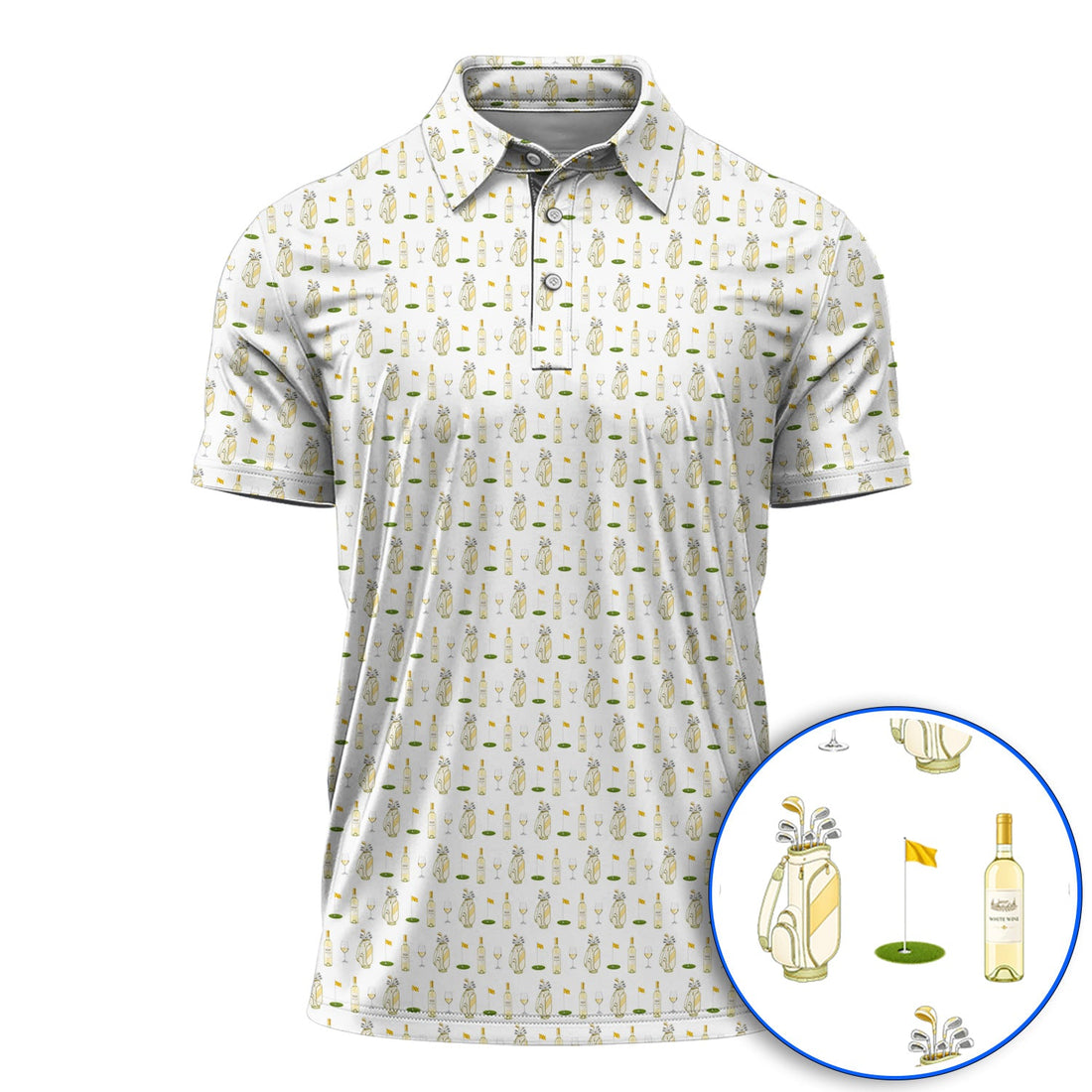 White Wine Pattern Golf Polos, Elegant Winery Golf Shirt, Wine Golf Gift For Golfer