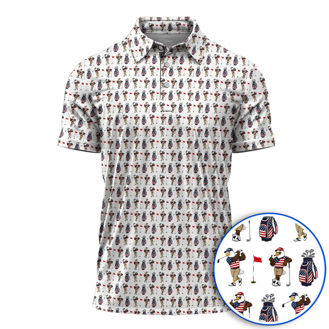 USA Patriotic Eagle Golf Shirt, American Flag Eagle Golf Pattern Polos, 4th of July Golf Gift for Golfer