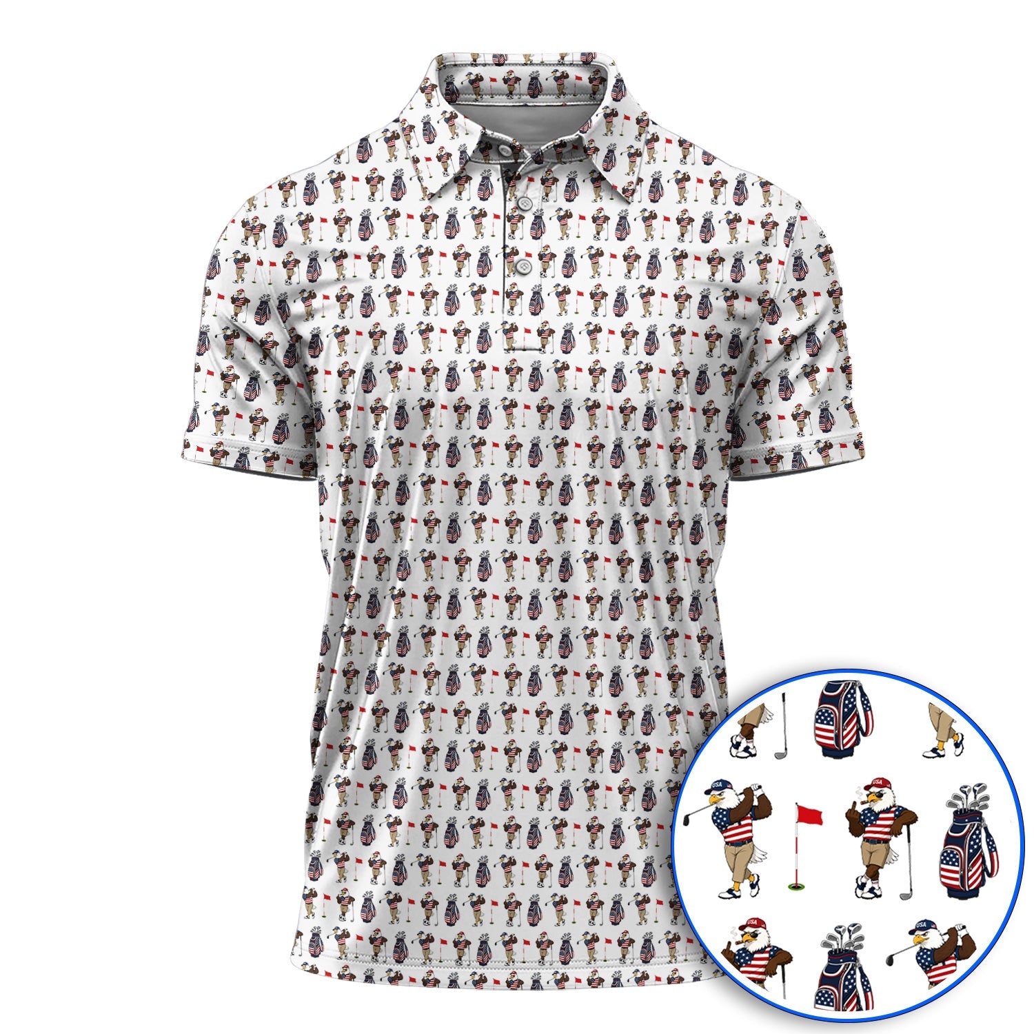 USA Patriotic Eagle Golf Shirt, American Flag Eagle Golf Pattern Polos, 4th of July Golf Gift for Golfer