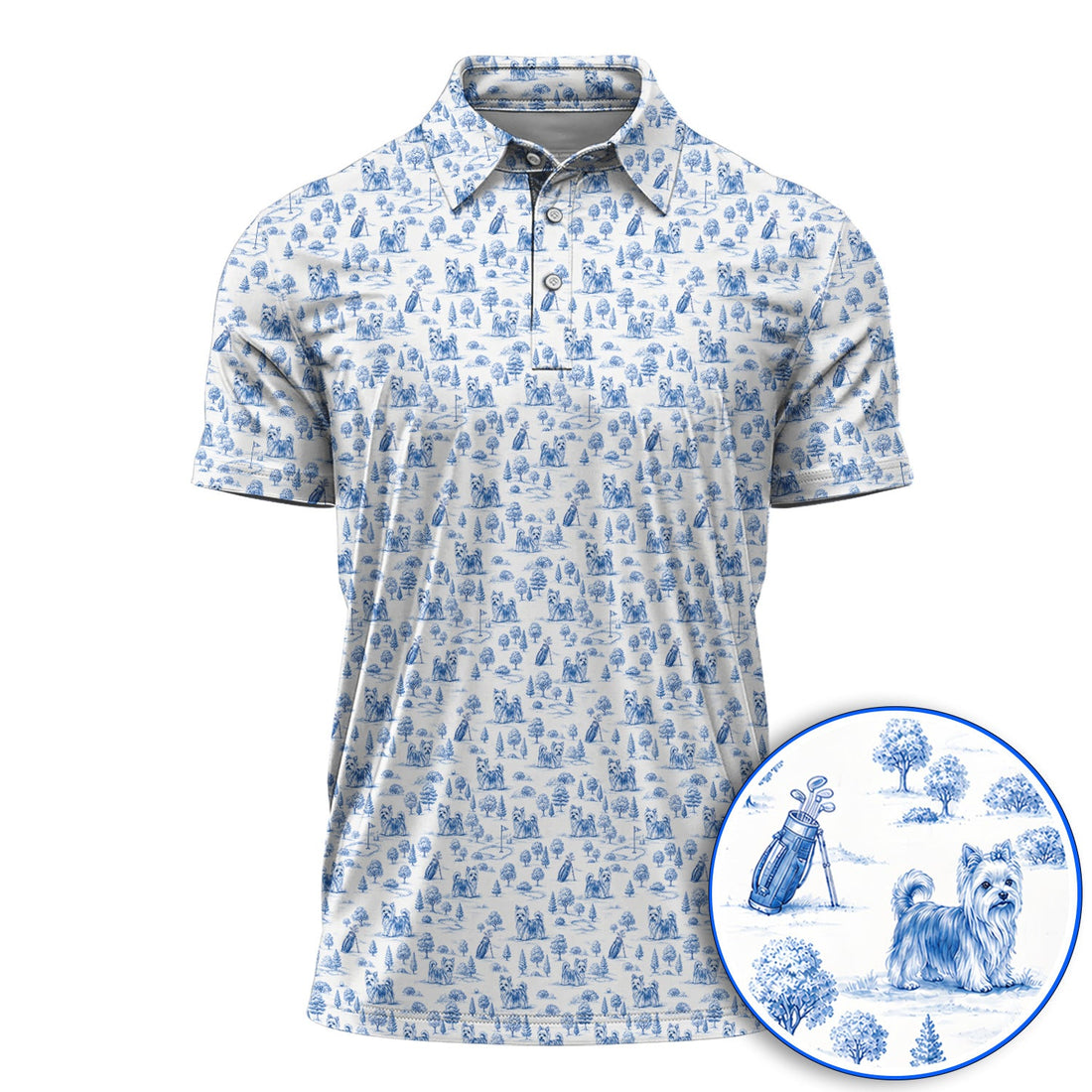 Yorkshire Terrier Toile De Jouy Golf Polos, Yorkie Pattern Golf Shirt, Golf Gift For Golfer