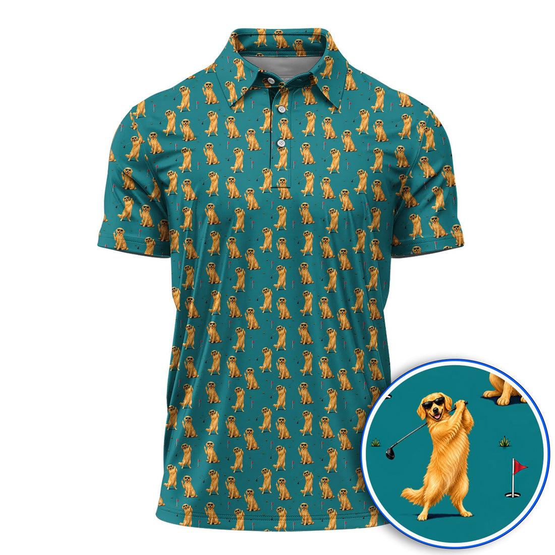 Golden Retriever Fairway Golf Shirt, Golf Dog Pattern Polos, Gift For Golden Retriever Owners