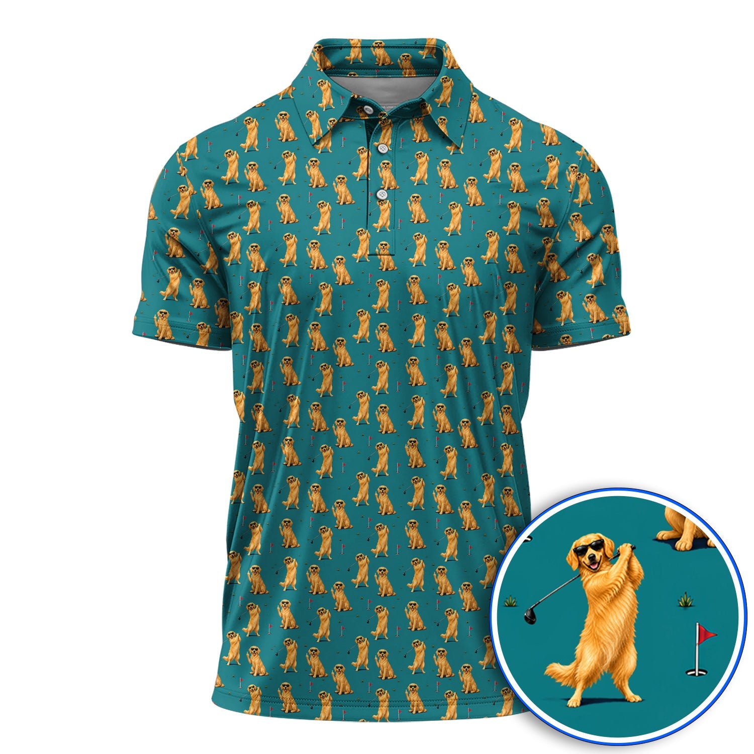 Golden Retriever Fairway Golf Shirt, Golf Dog Pattern Polos, Gift For Golden Retriever Owners