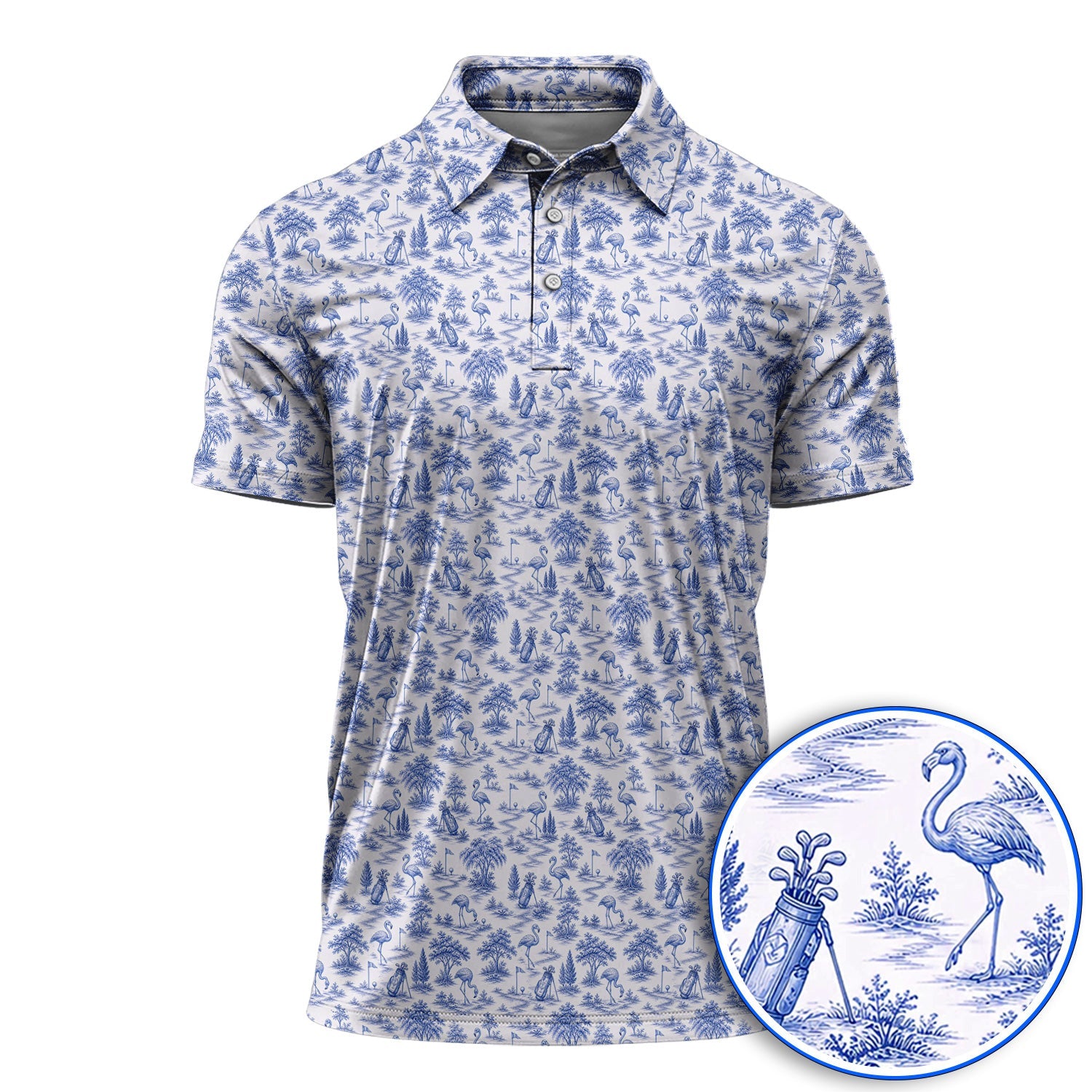 Toile De Jouy Flamingo Pattern Golf Shirt, Crazy Pink Golf Polos, Golf Gift For Golfer