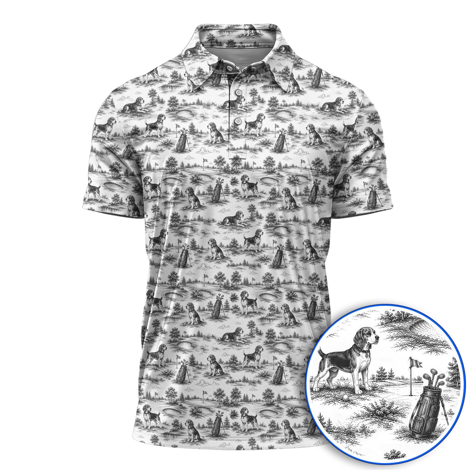 Beagle Toile De Jouy Golf Shirt, Vintage Dog Pattern Golf Polos, Beagle Lover Golf Gift