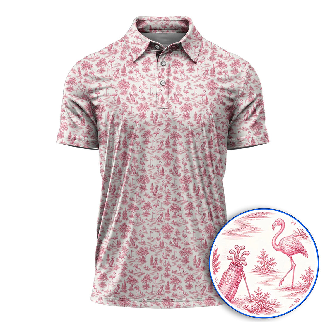 Toile De Jouy Flamingo Pattern Golf Shirt, Crazy Pink Golf Polos, Golf Gift For Golfer