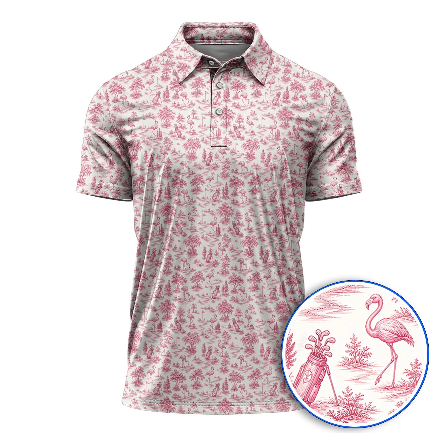 Toile De Jouy Flamingo Pattern Golf Shirt, Crazy Pink Golf Polos, Golf Gift For Golfer
