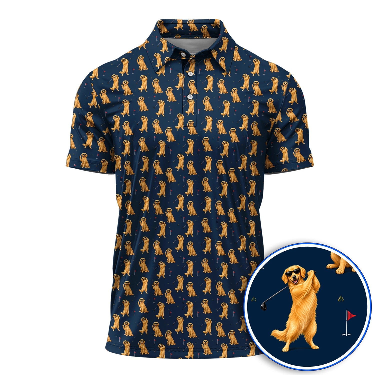 Golden Retriever Fairway Golf Shirt, Golf Dog Pattern Polos, Gift For Golden Retriever Owners