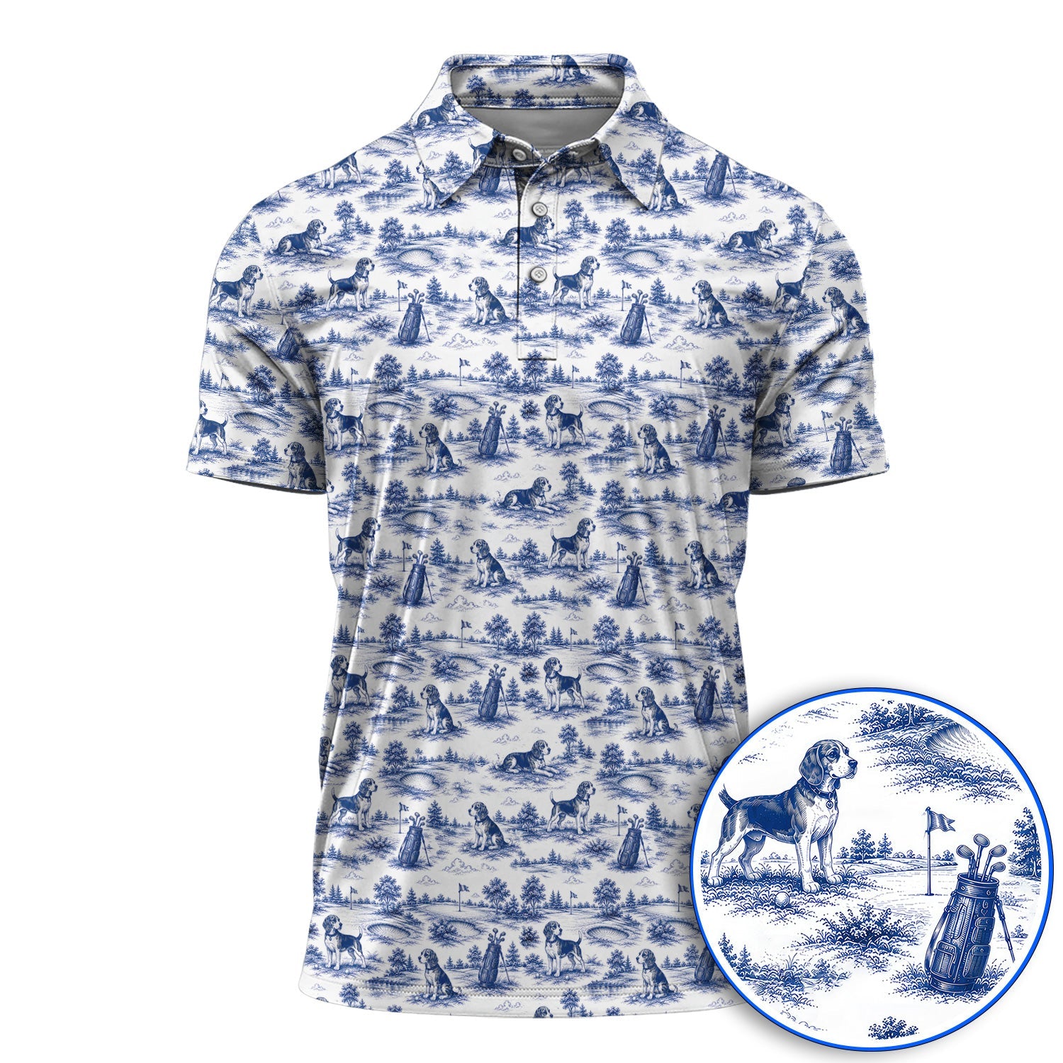 Beagle Toile De Jouy Golf Shirt, Vintage Dog Pattern Golf Polos, Beagle Lover Golf Gift