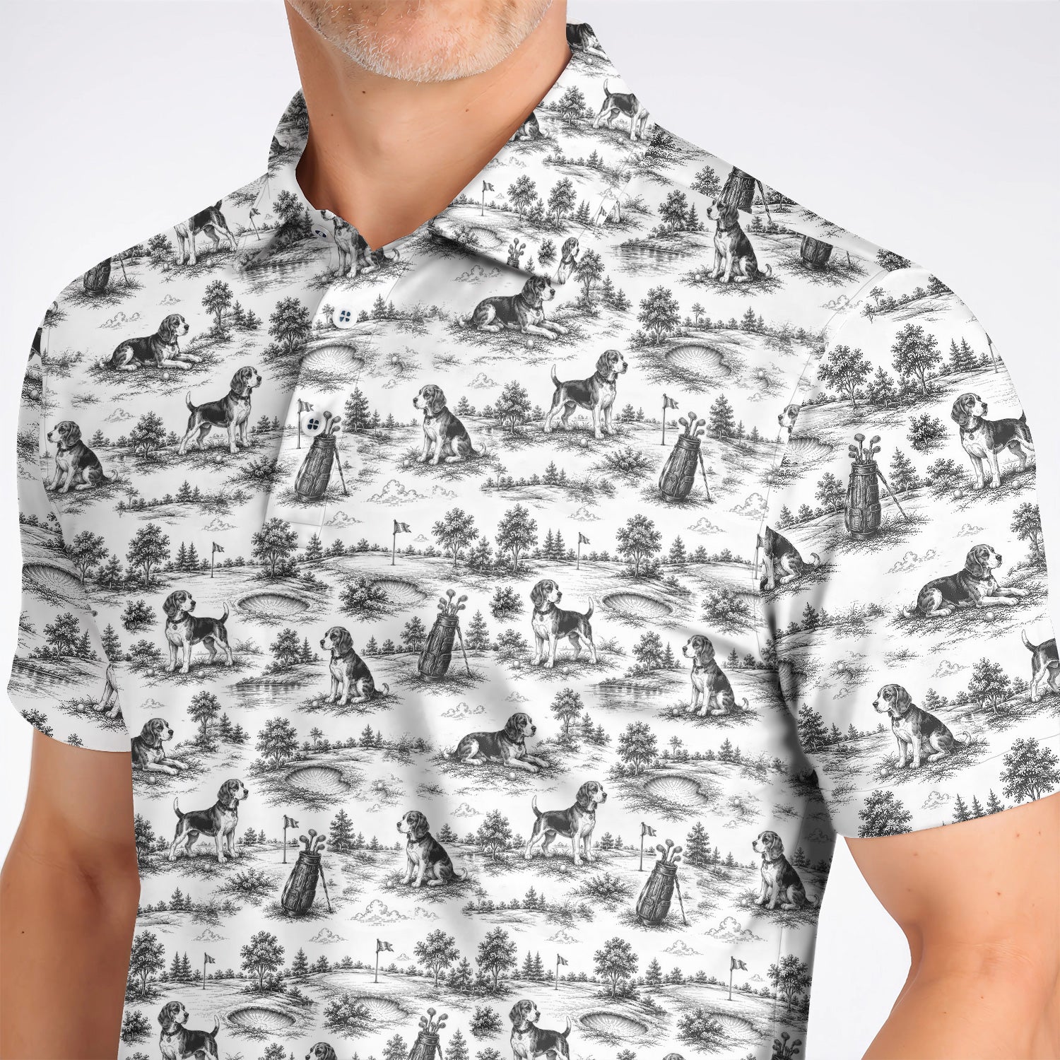 Beagle Toile De Jouy Golf Shirt, Vintage Dog Pattern Golf Polos, Beagle Lover Golf Gift