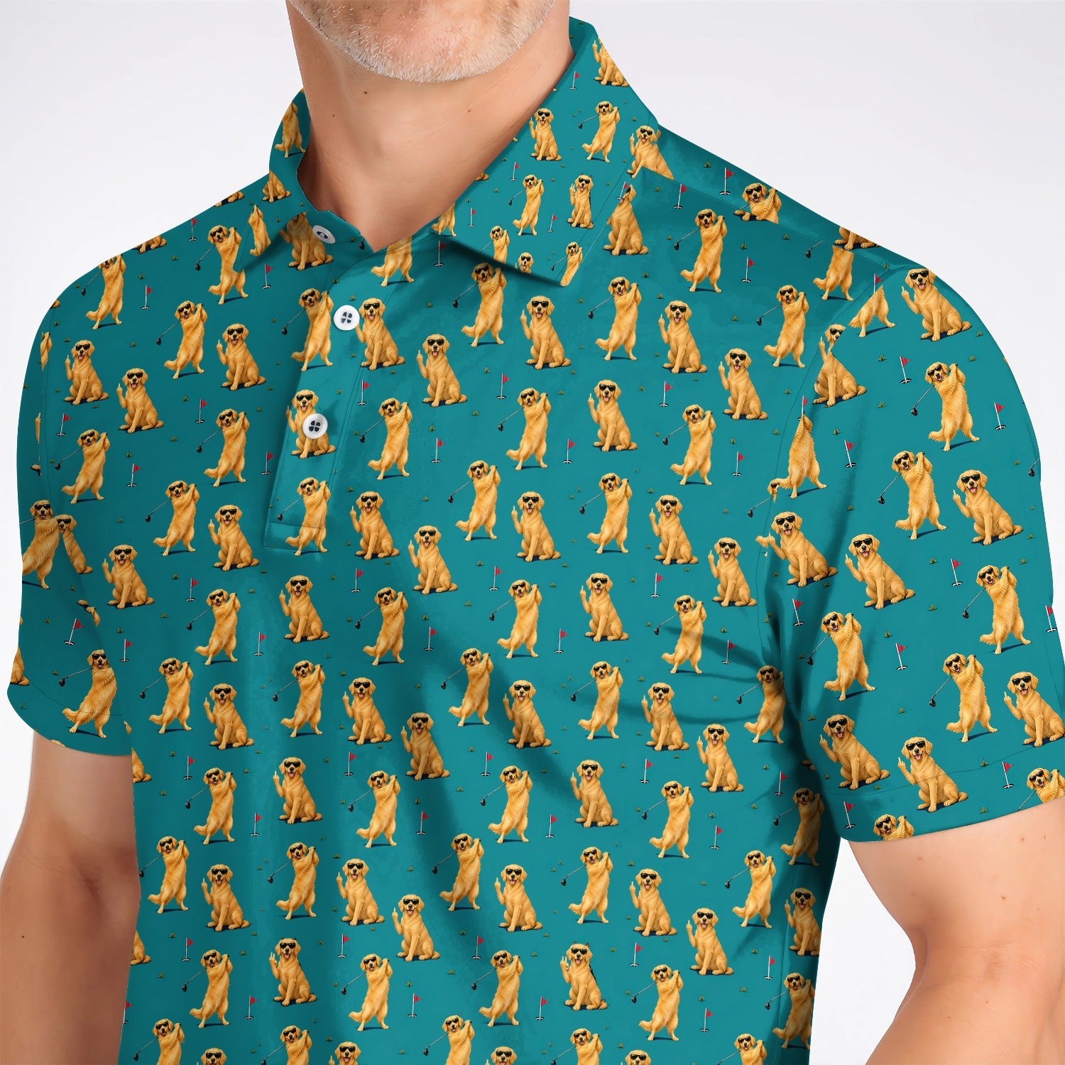 Golden Retriever Fairway Golf Shirt, Golf Dog Pattern Polos, Gift For Golden Retriever Owners