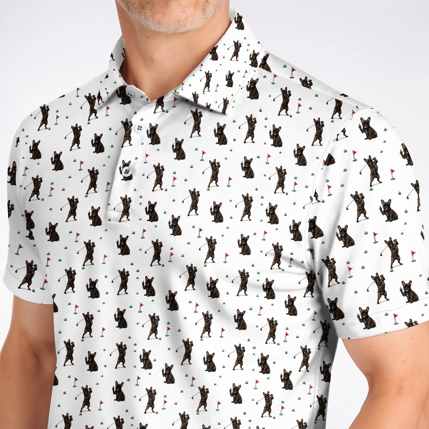 Frenchie Golf Shirt, French Bulldog Pattern Polos, Funny Golf Gift For Golfer
