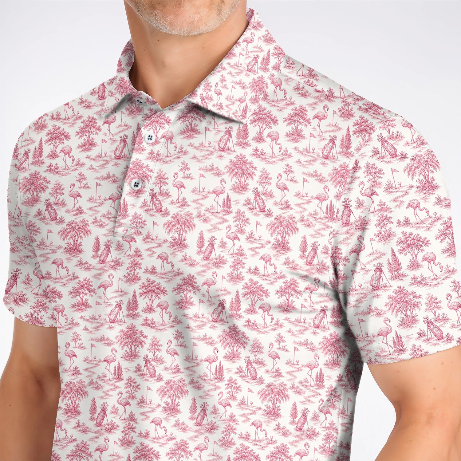 Toile De Jouy Flamingo Pattern Golf Shirt, Crazy Pink Golf Polos, Golf Gift For Golfer