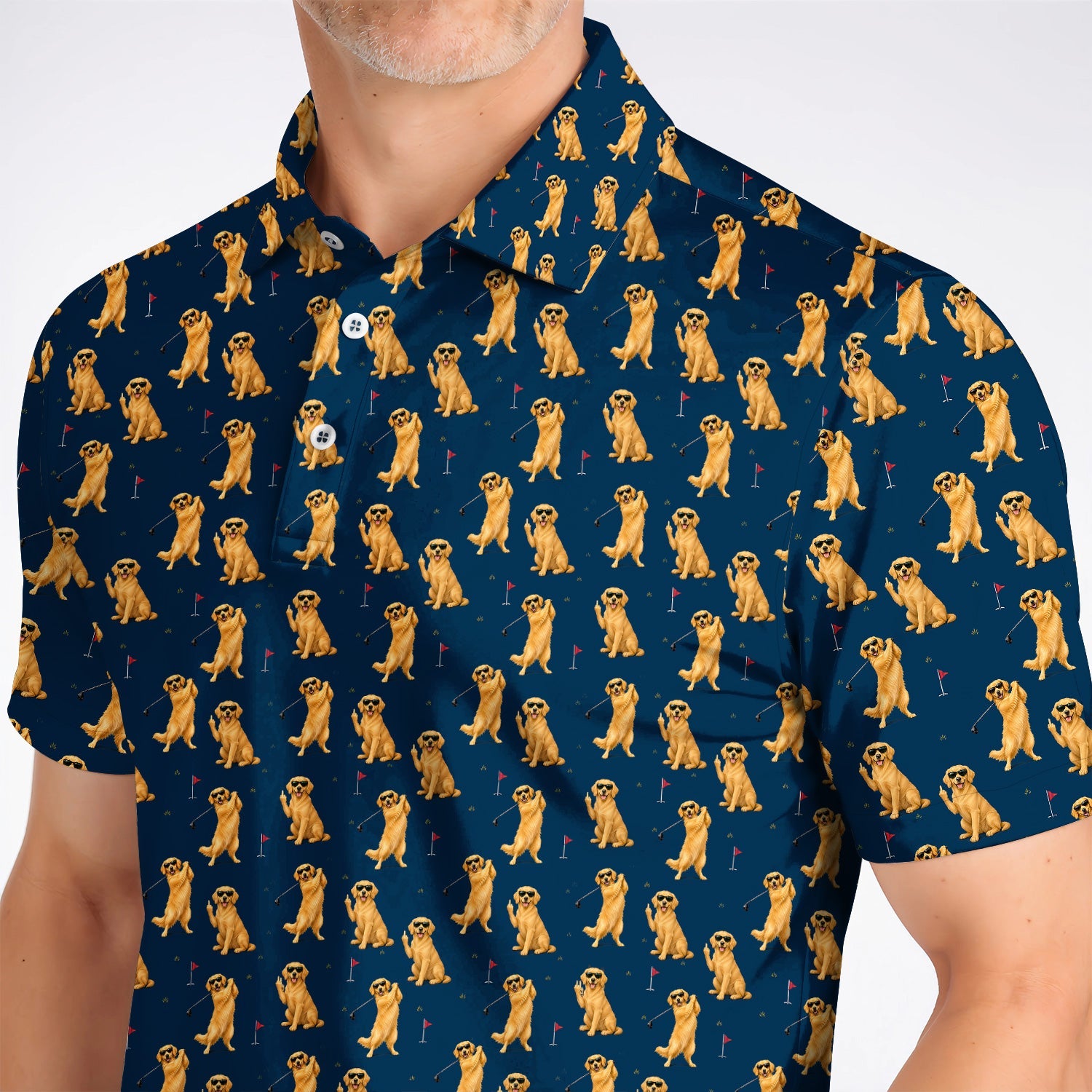Golden Retriever Fairway Golf Shirt, Golf Dog Pattern Polos, Gift For Golden Retriever Owners
