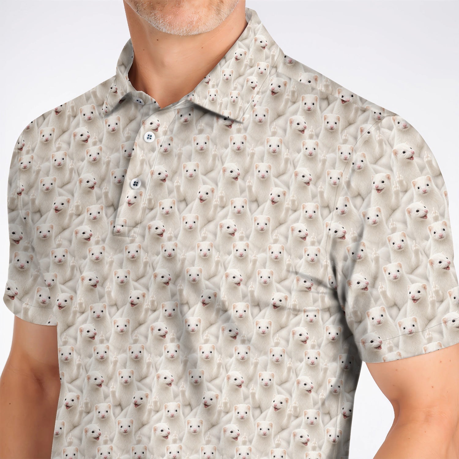 White Ferret Pattern Golf Polos, Funny Ferret Golf Shirt, Golf Gift For Golfer