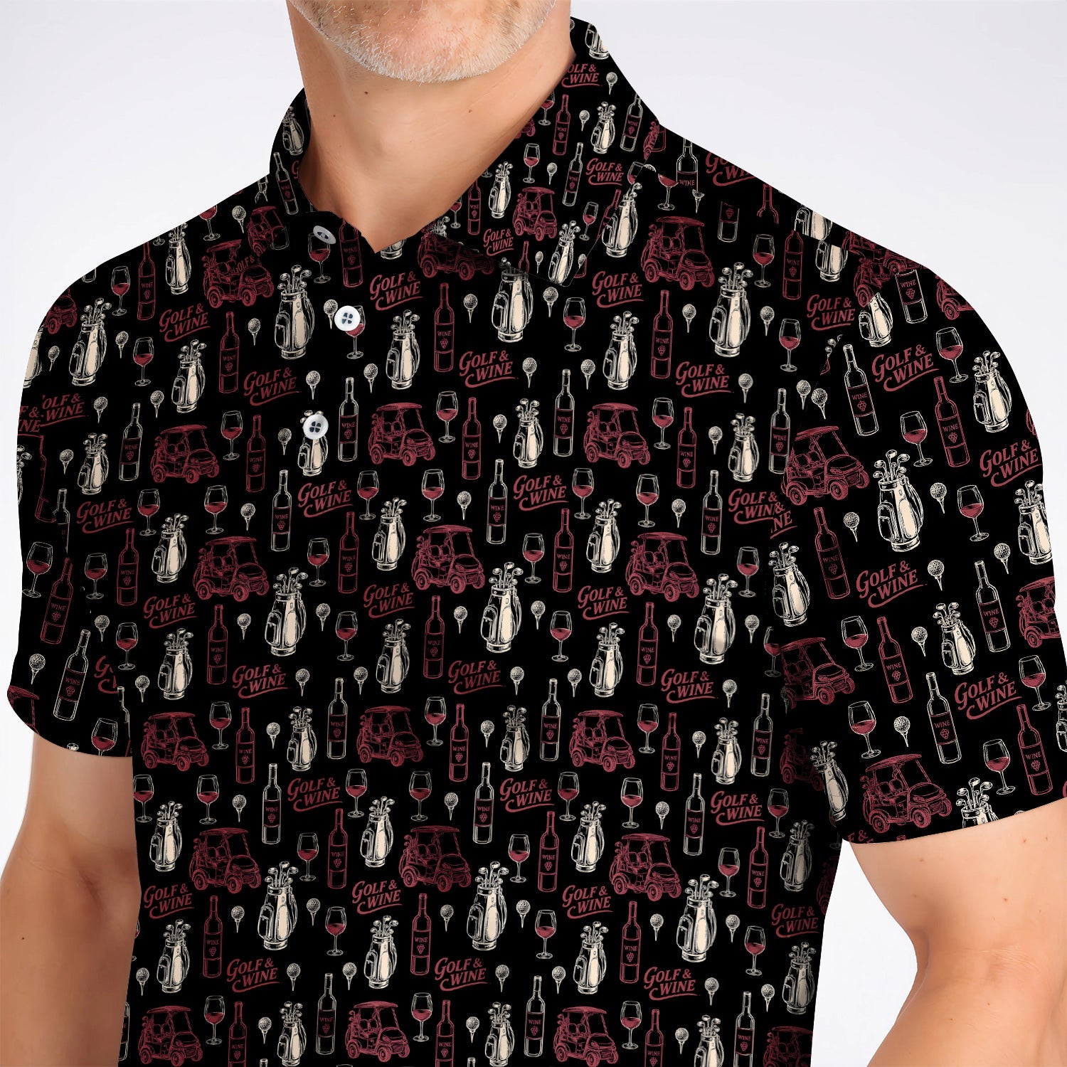 Funny Golf & Wine Pattern Golf Polos, Funny Golf Shirt For Wine Lover, Golf Gift For Golfer