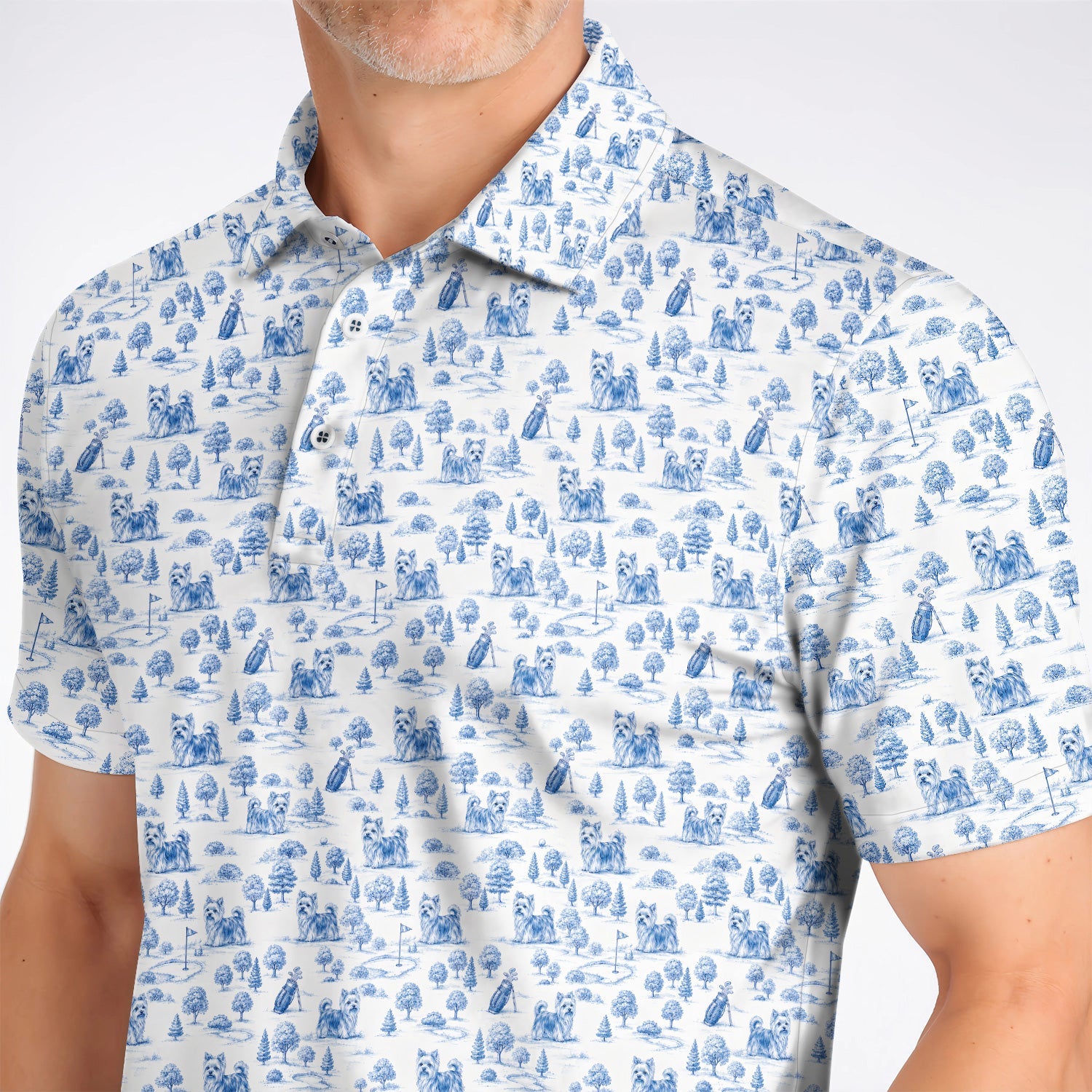 Yorkshire Terrier Toile De Jouy Golf Polos, Yorkie Pattern Golf Shirt, Golf Gift For Golfer