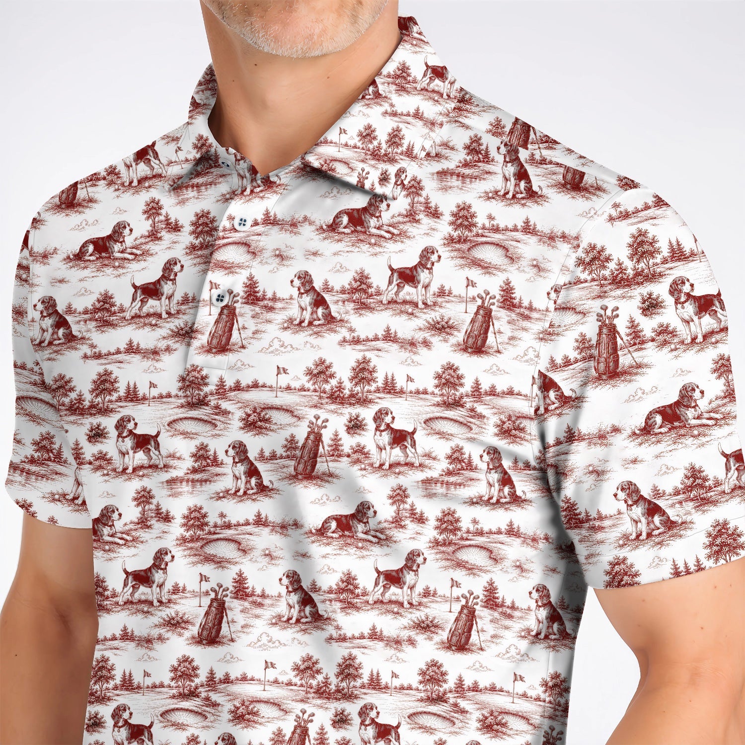 Beagle Toile De Jouy Golf Shirt, Vintage Dog Pattern Golf Polos, Beagle Lover Golf Gift