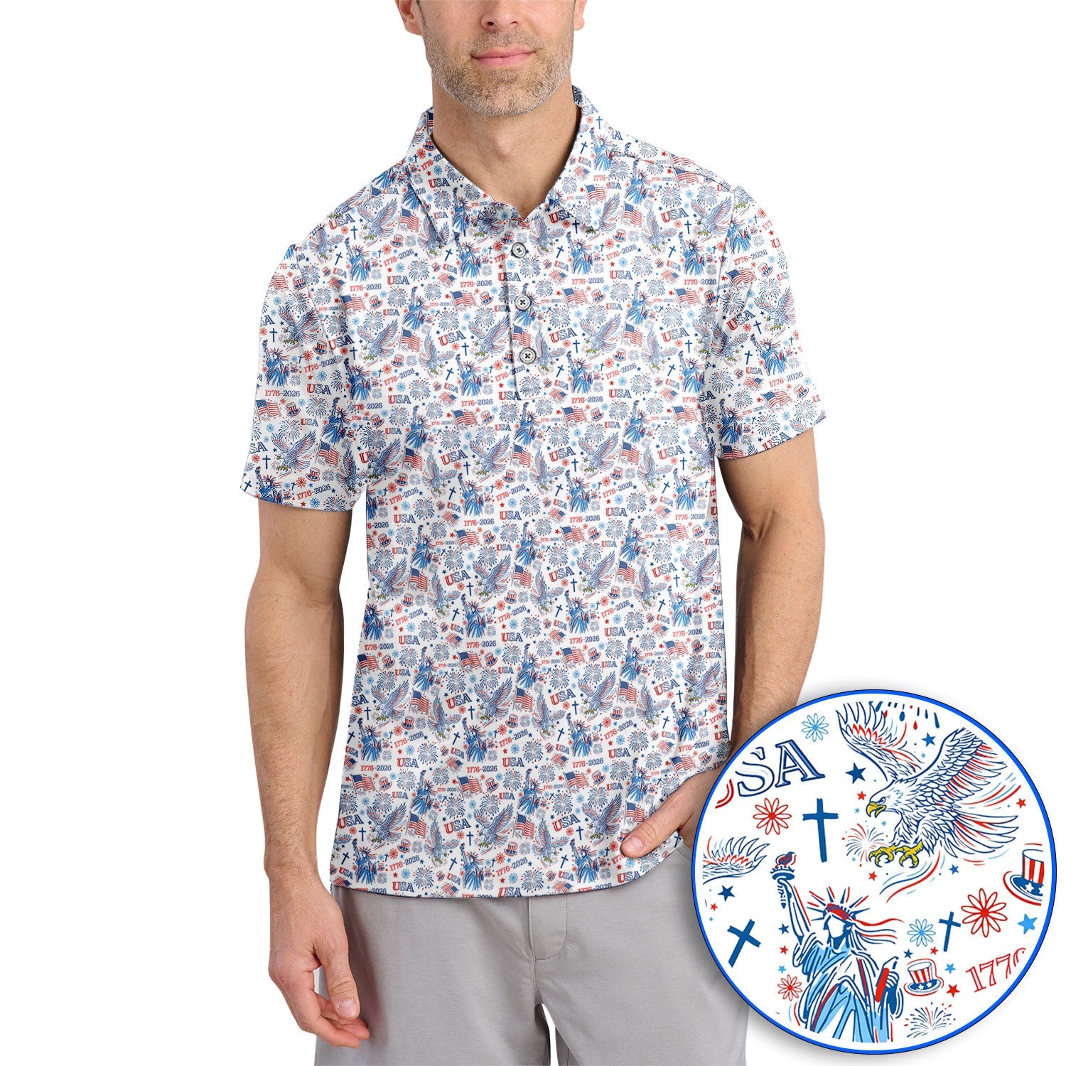 USA 1776–2026 Pattern Golf Polos, Eagle & Liberty Golf Shirt For Golfer, 4th of July Golf Shirts