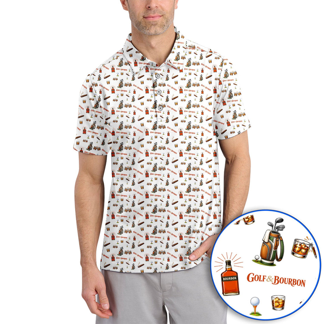 Golf & Bourbon Pattern Polos, Funny Golf Shirt For Golfer, Golfer Whiskey Shirt