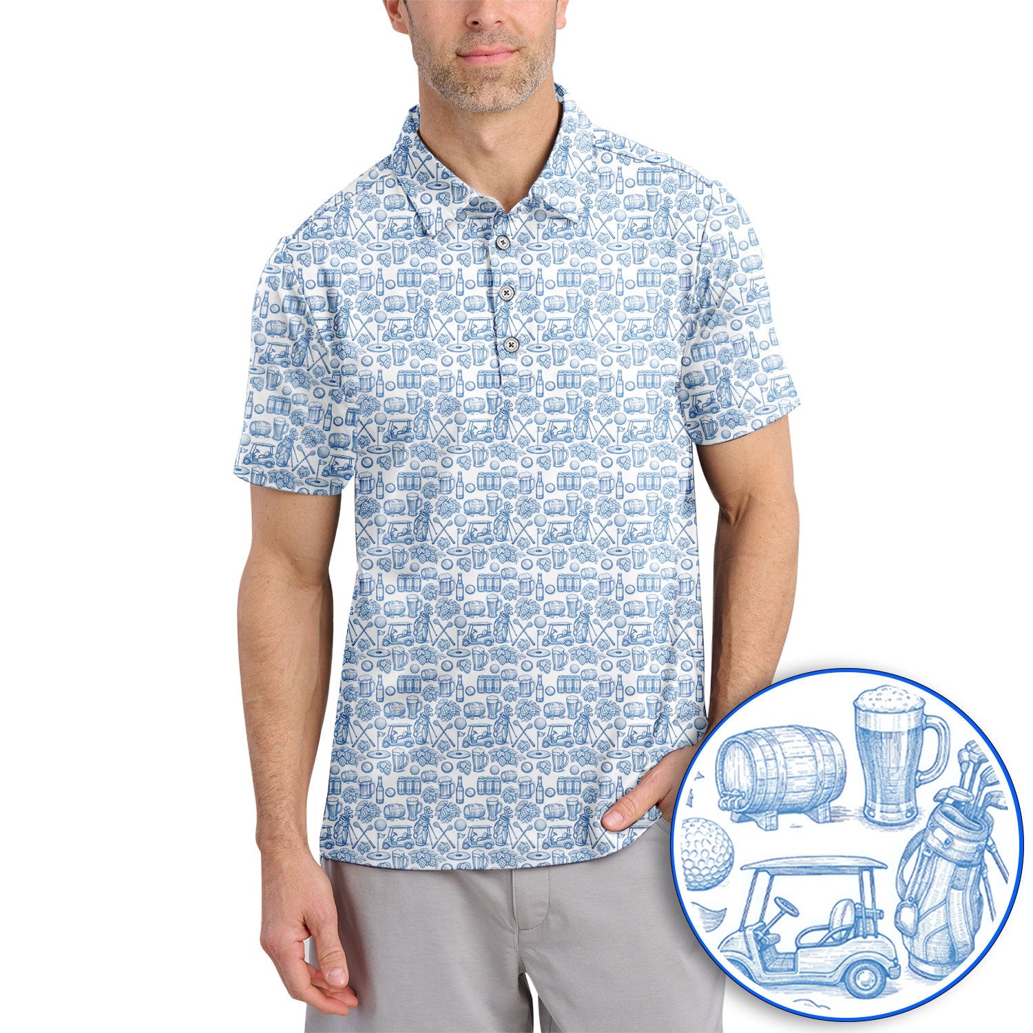 Toile De Jouy Pattern Golf Polos,  Funny Beer Golf Shirt For Men, Golf Gift For Golfer