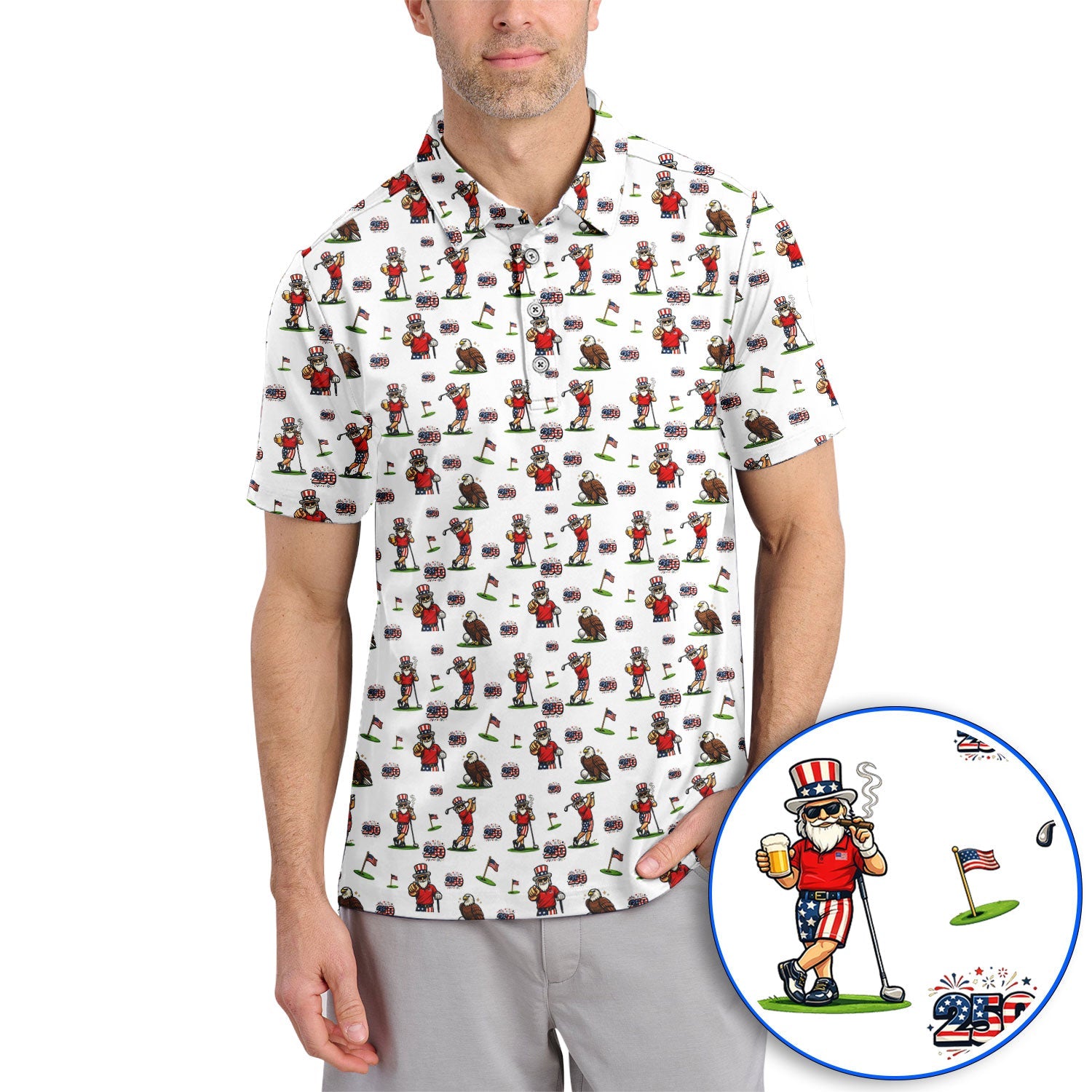 Funny USA Patriotic Golf Polos, USA Patriotic 250th Anniversary Pattern Golf Shirt, Golf Gift For Golfer