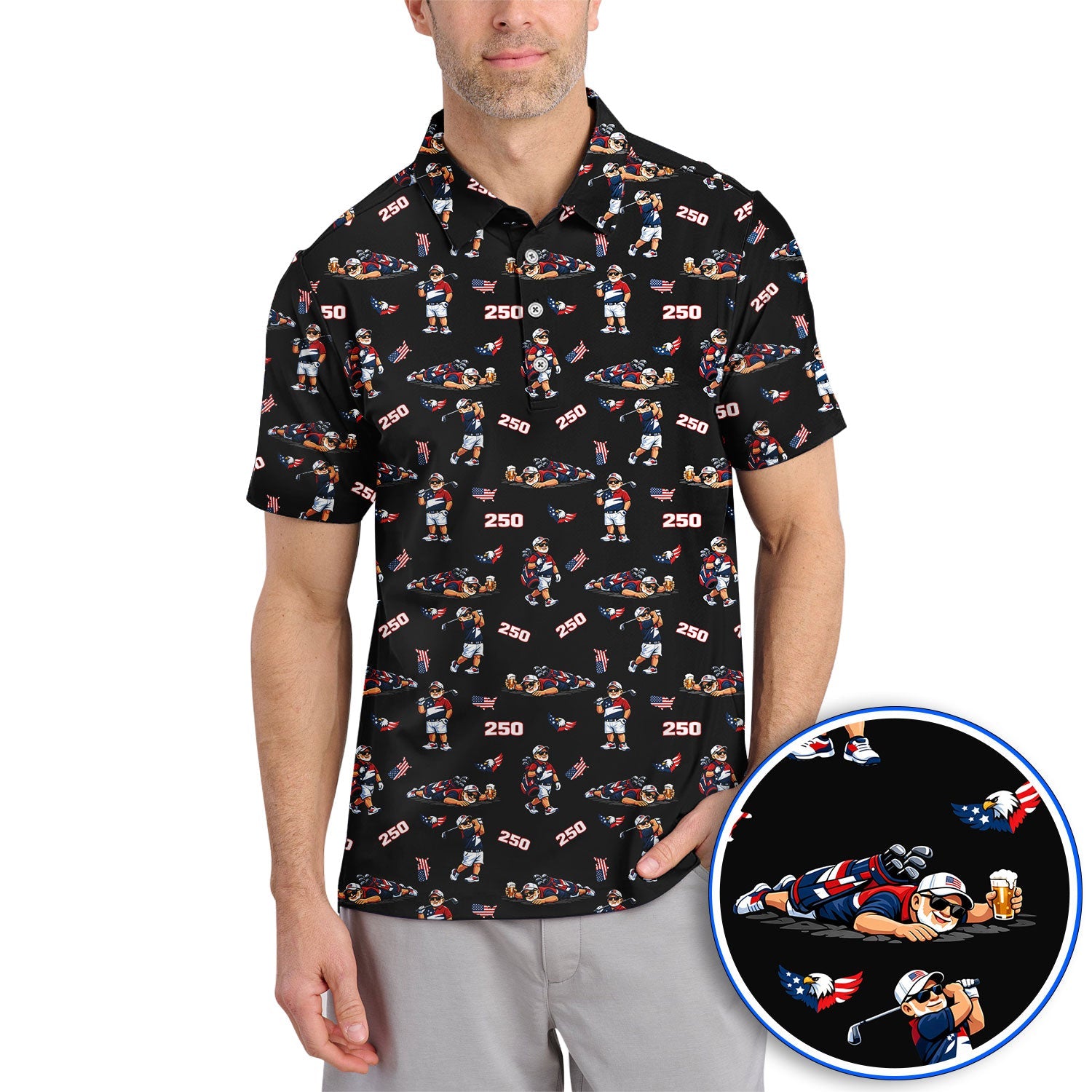 Funny Patriotic USA And Beer Pattern Golf Polos, America 250th Golf Shirt, Golf Gift For Golfer