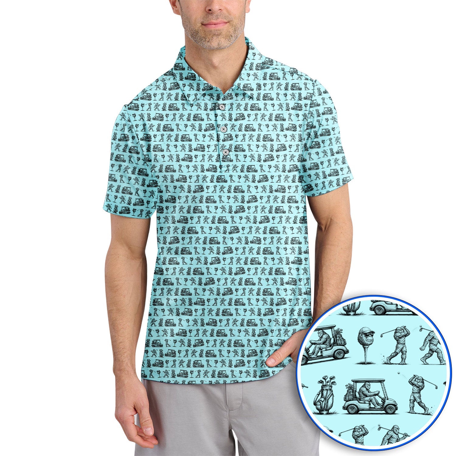 Funny Bigfoot Pattern Golf Polos, Sasquatch Golf Shirt For Men, Crazy Golf Gift For Golfer
