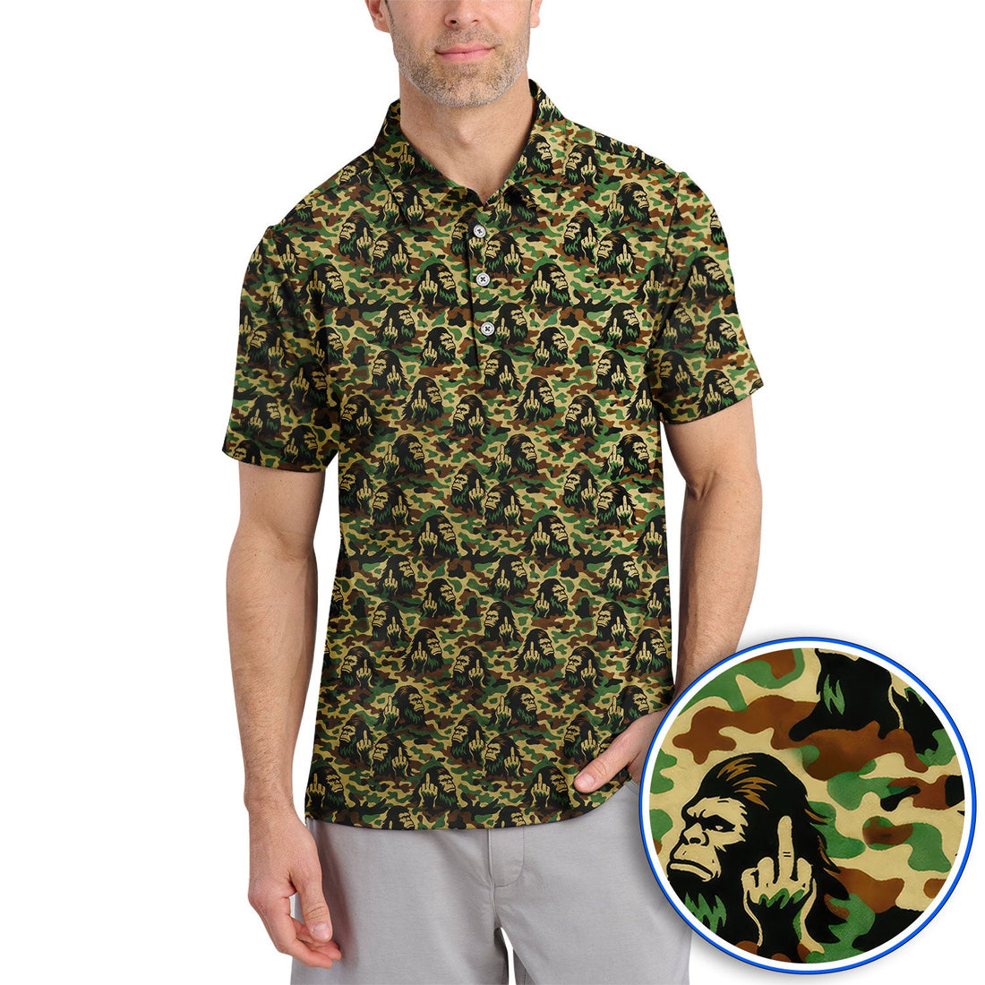 Funny Bigfoot Camo Pattern Golf Polos, Sasquatch Golf Shirt For Golfer, Crazy Golf Shirts For Men