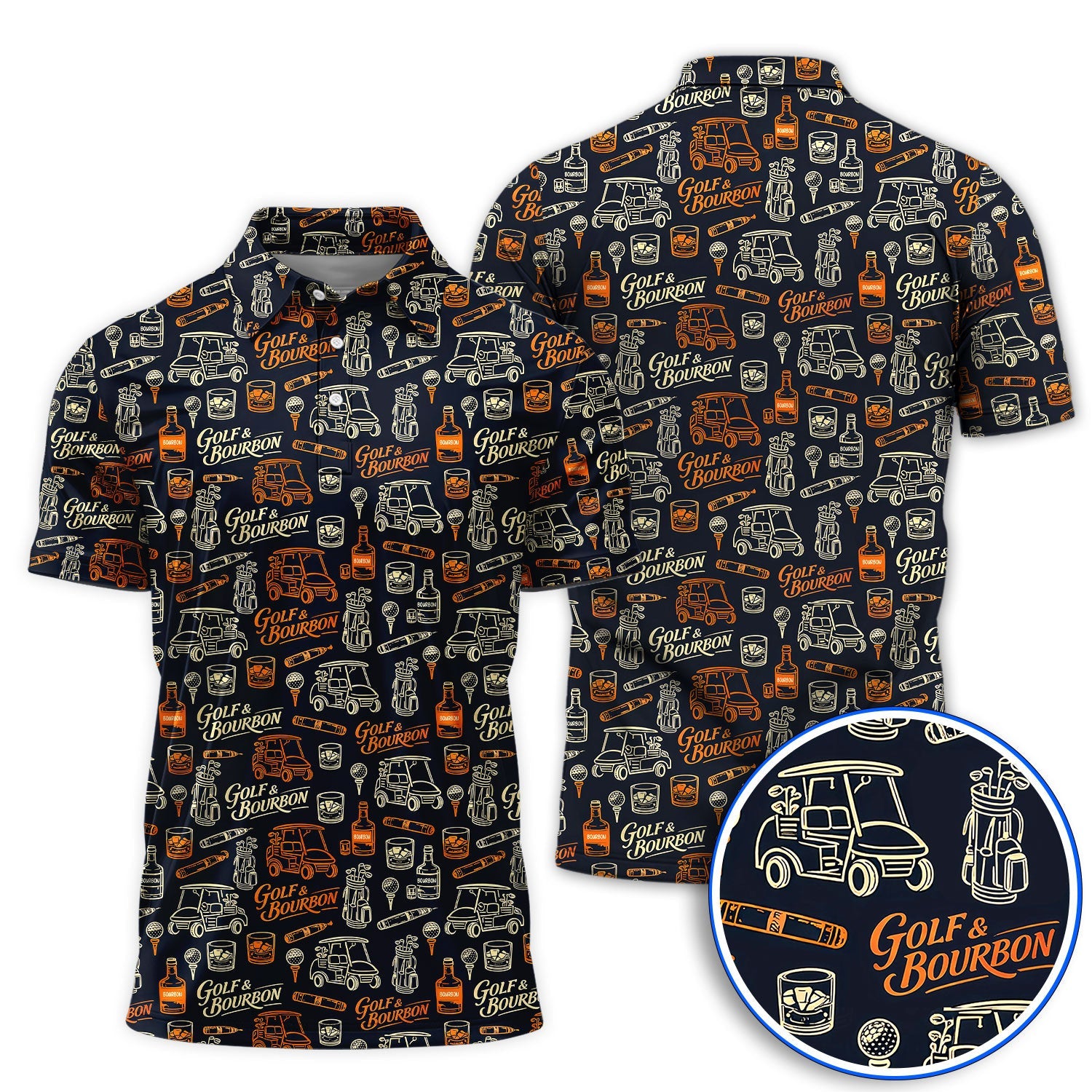 Golf & Bourbon Pattern Golf Polos, Crazy Golf Shirt For Golfer, Golf Gift For Men