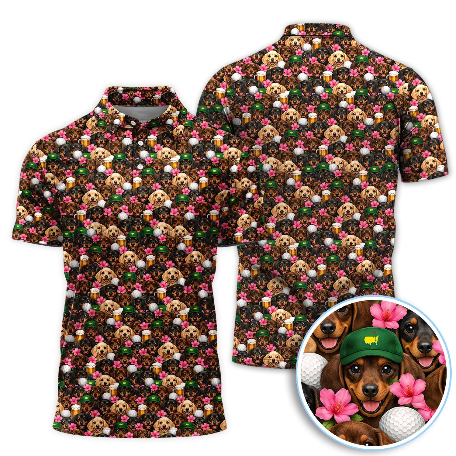 Dachshund Pattern Golf Shirt, Funny Wiener Dog Golf Polos, Golf Gift For Men