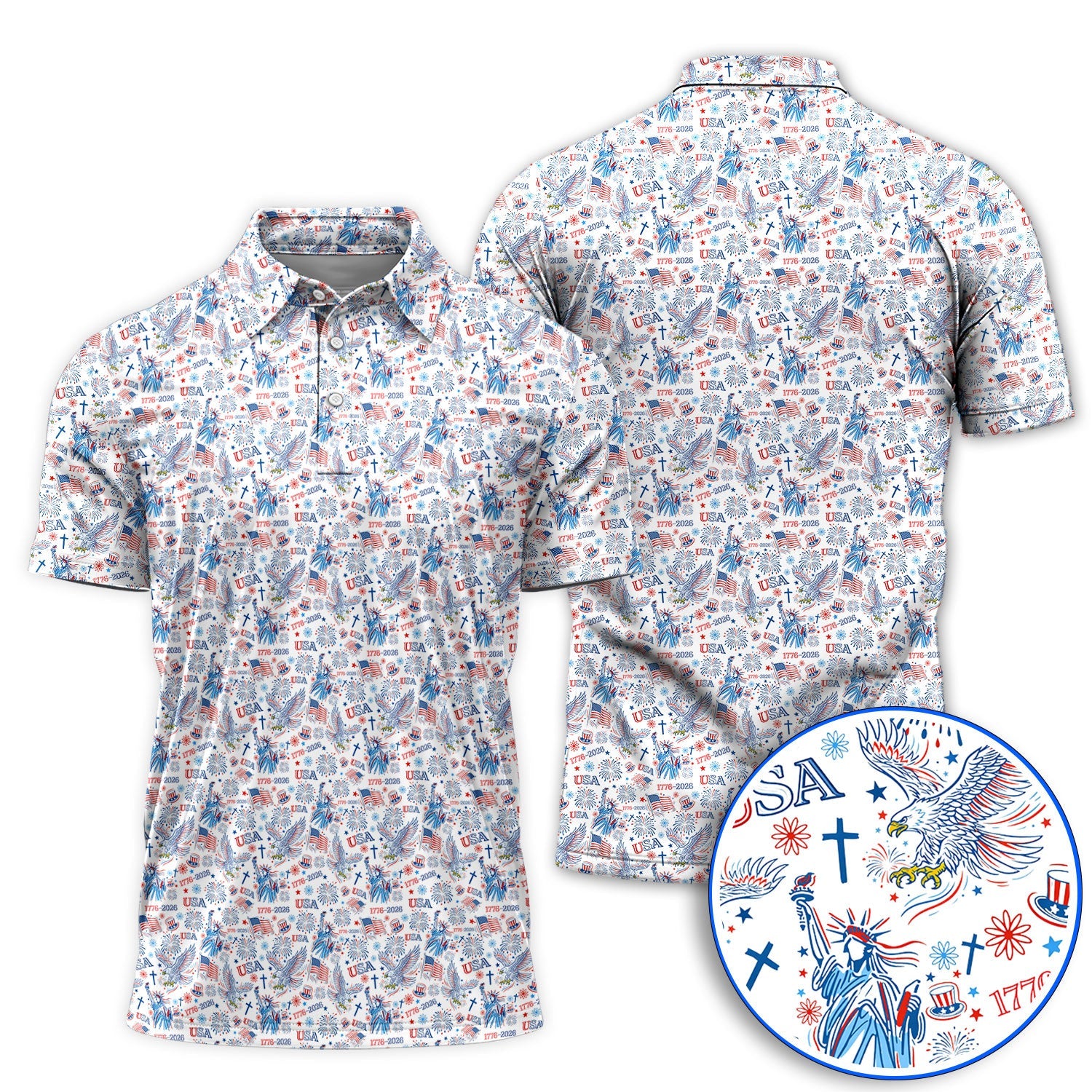 USA 1776–2026 Pattern Golf Polos, Eagle & Liberty Golf Shirt For Golfer, 4th of July Golf Shirts
