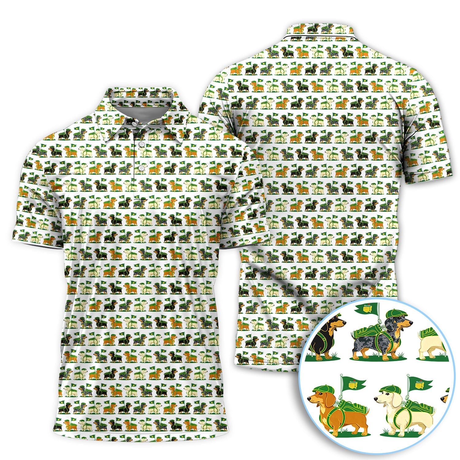 Dachshund Masters Golf Polos For Men, Wiener Dog Pattern Golf Shirt, Crazy Golf Shirt For Golfer