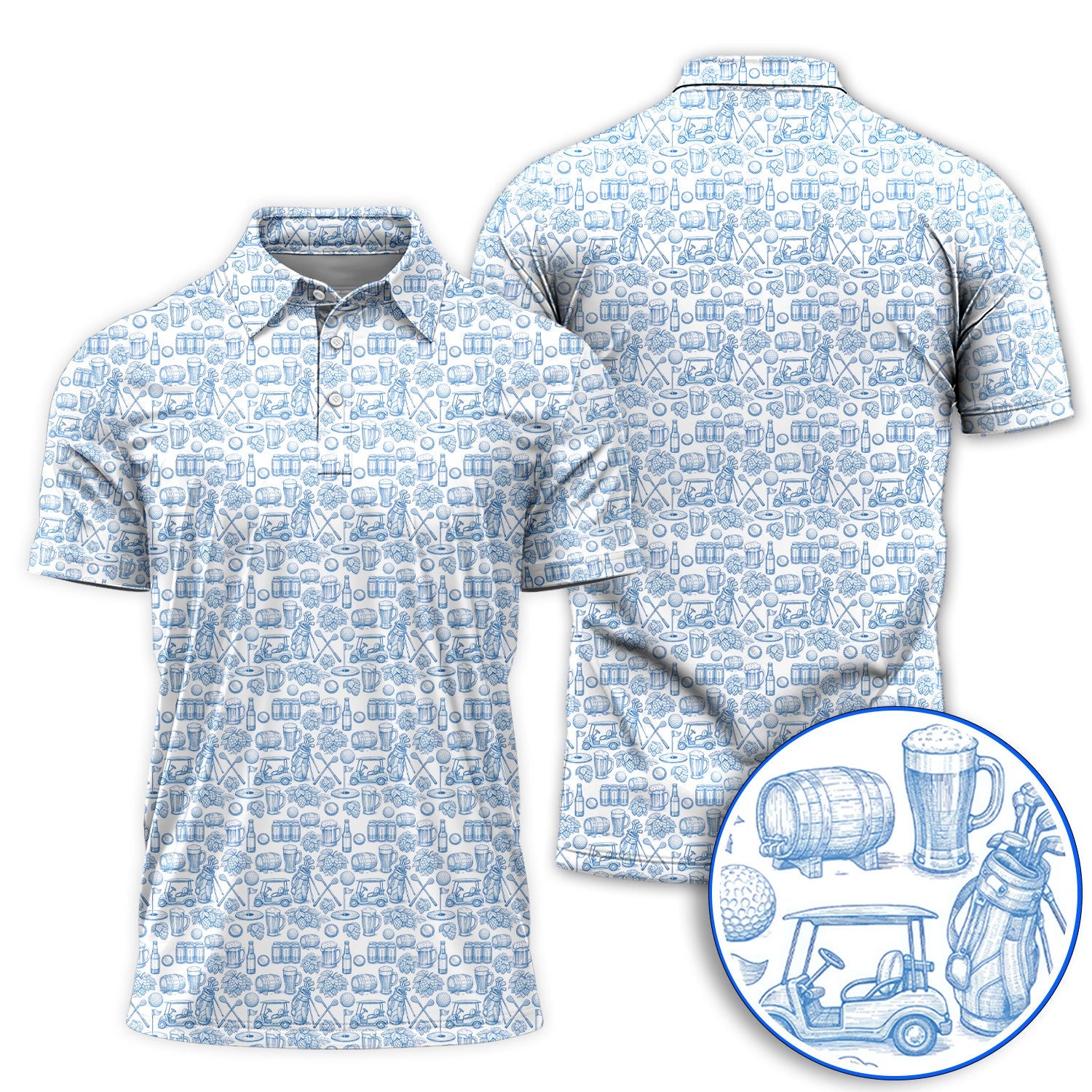 Toile De Jouy Pattern Golf Polos,  Funny Beer Golf Shirt For Men, Golf Gift For Golfer