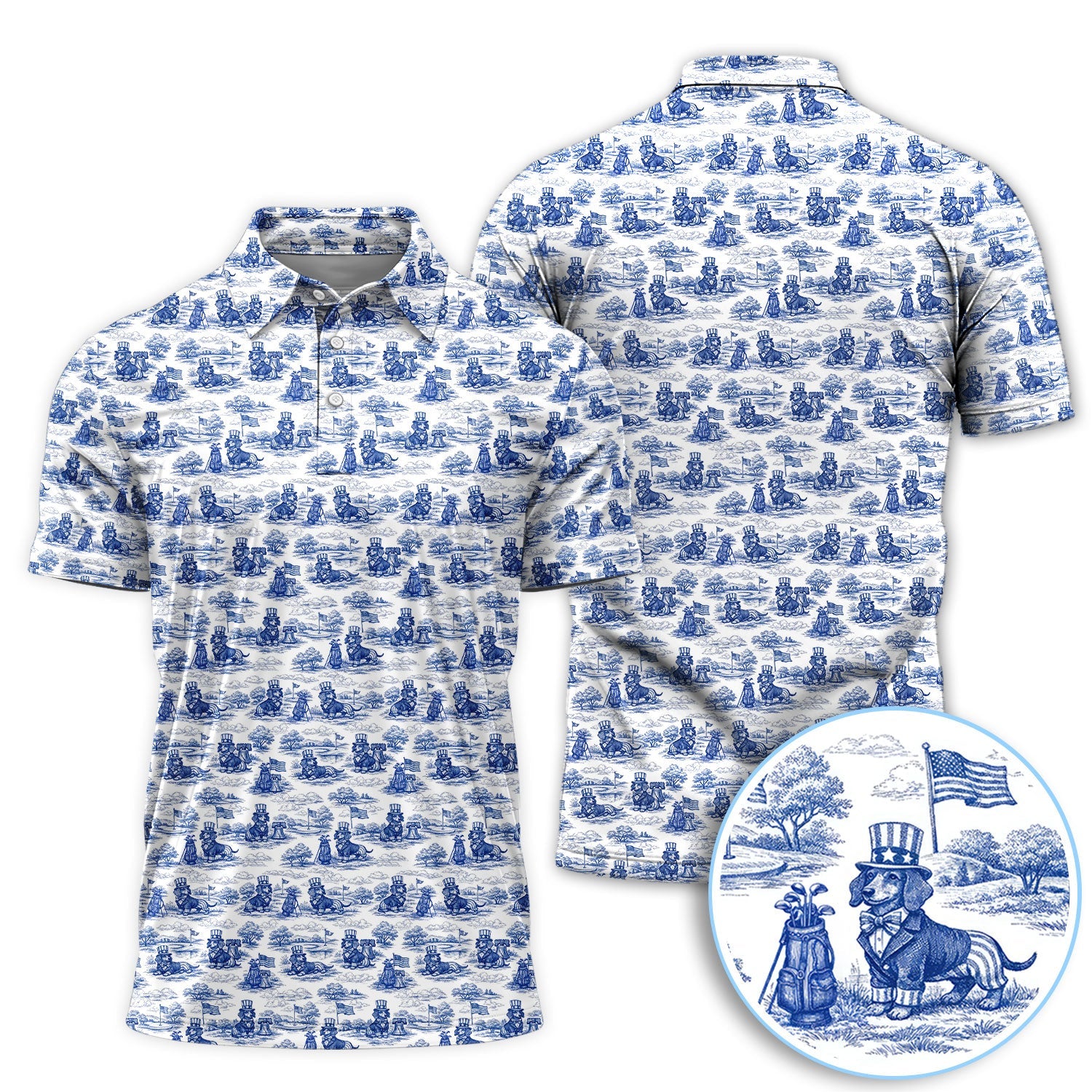 Toile De Jouy Dachshund Golf Polos, USA Wiener Dog Pattern Golf Shirt, Golf Gift For Men