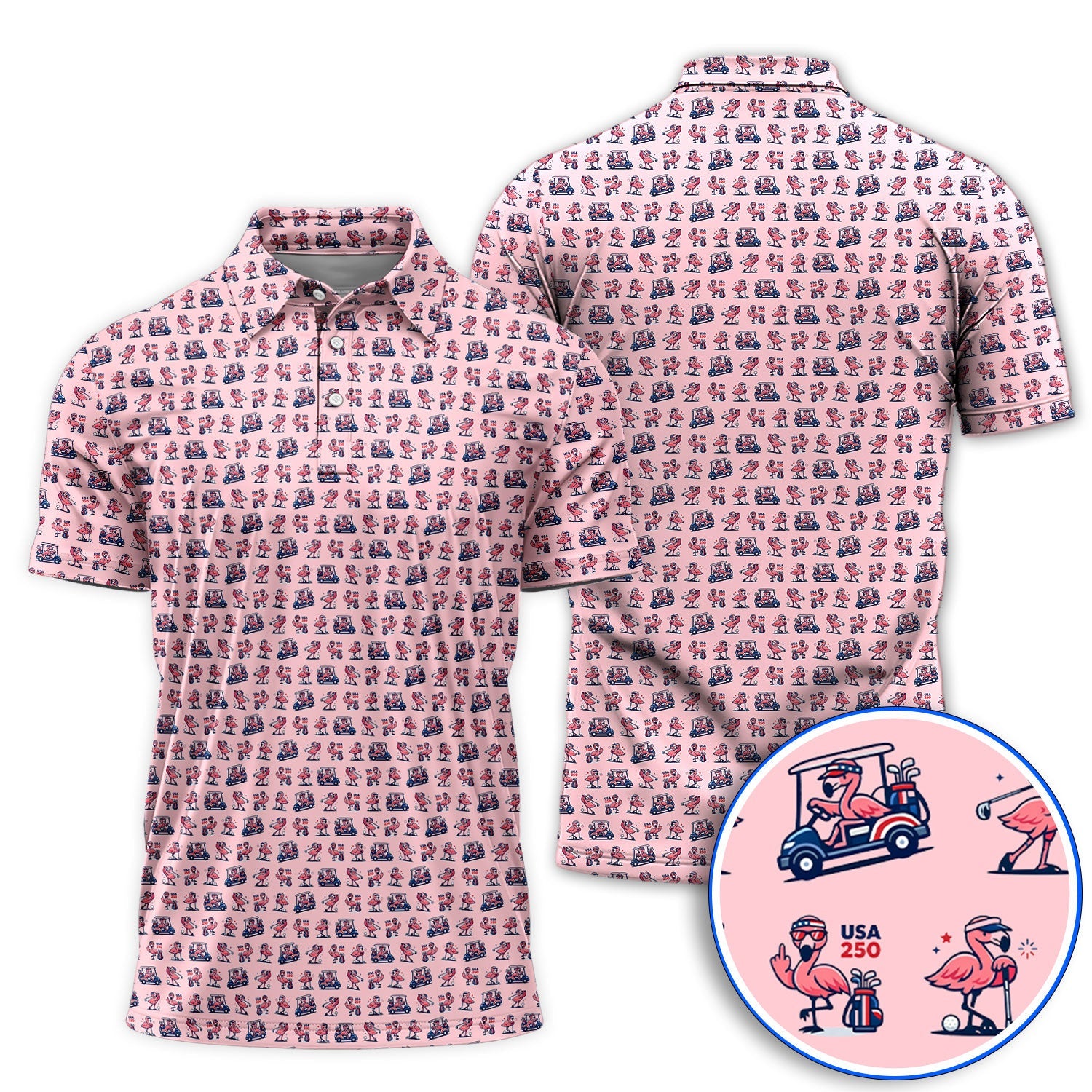 Funny Flamingo Pattern Golf Polos, USA 250 Patriotic Summer Golf Shirt, Crazy Golf Gift For Golfer