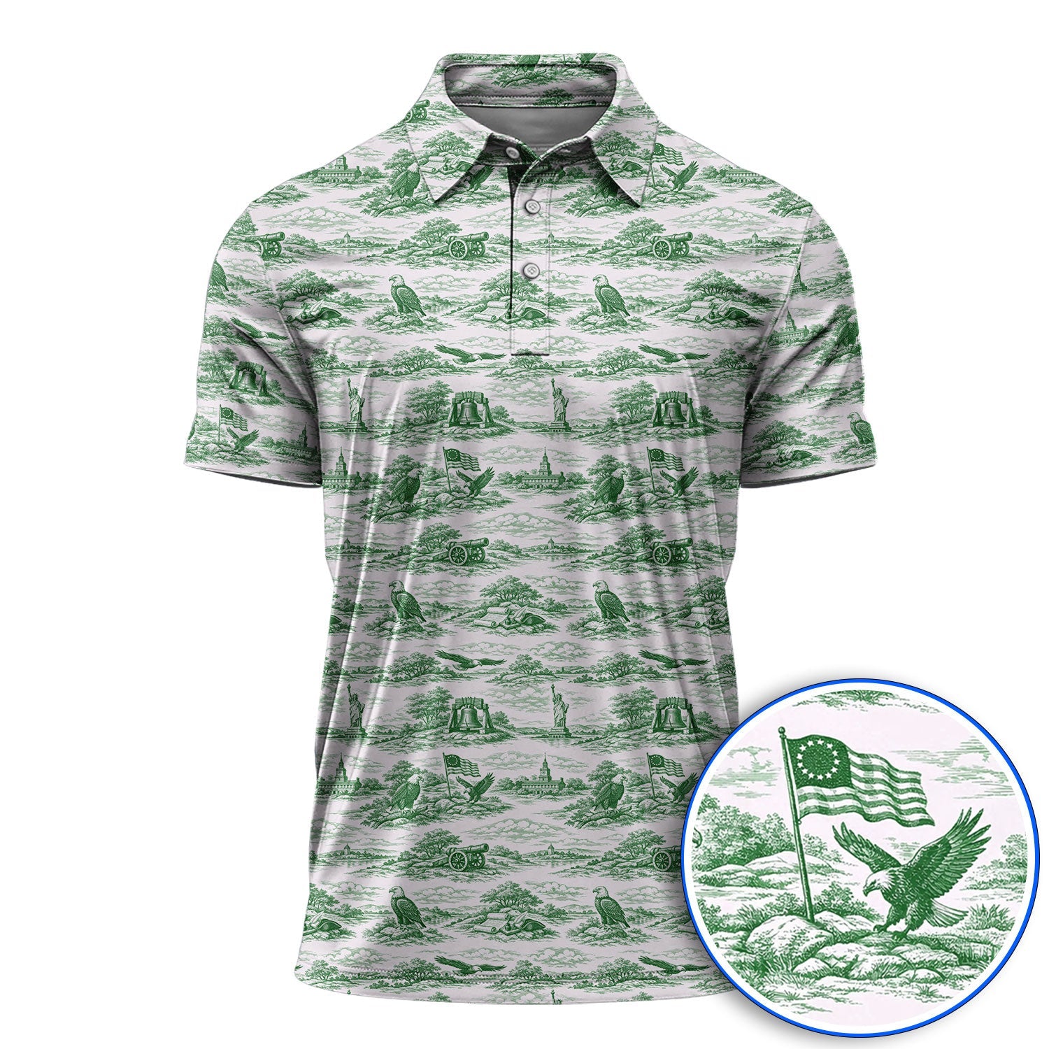 America 250th Patriotic Golf Polos, USA Toile De Jouy Pattern Golf Shirt For Golfer, Crazy Golf Shirt