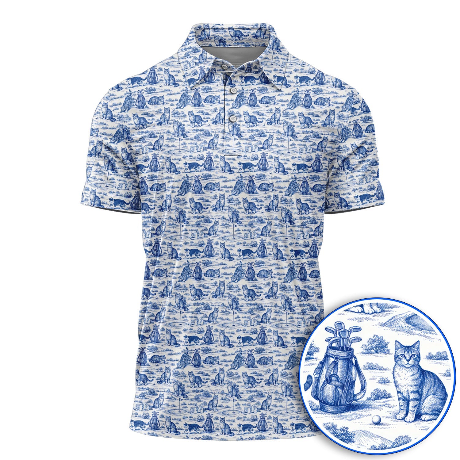 Toile De Jouy Pattern Golf Polos, Crazy Cat Golf Shirt For Golfer, Golf Gift For Pet Lover