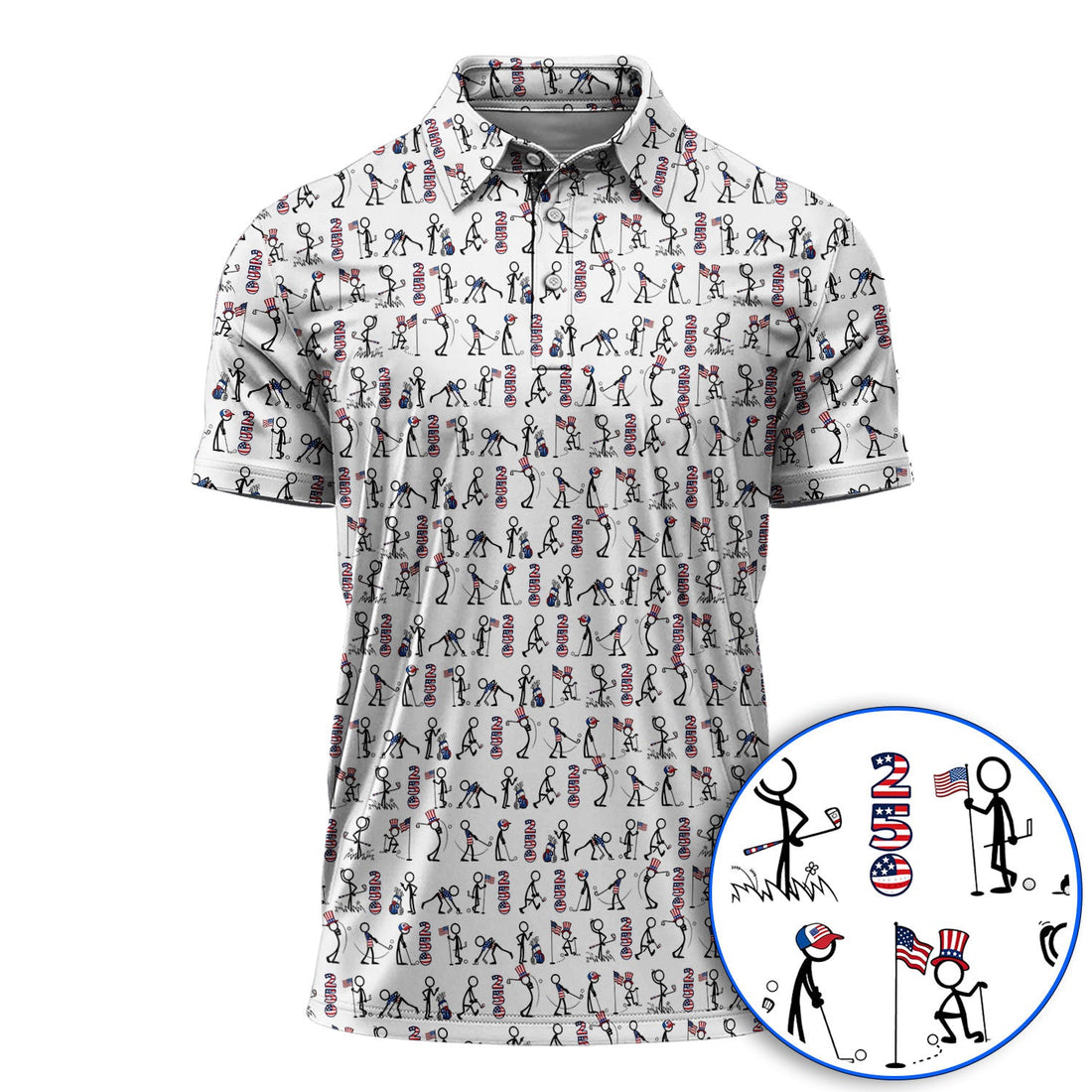 USA 250 Casual Patriotic Golf Shirt, Stick Figure Golfer Pattern Golf Polos, Funny Golf Shirts Gor Golfer