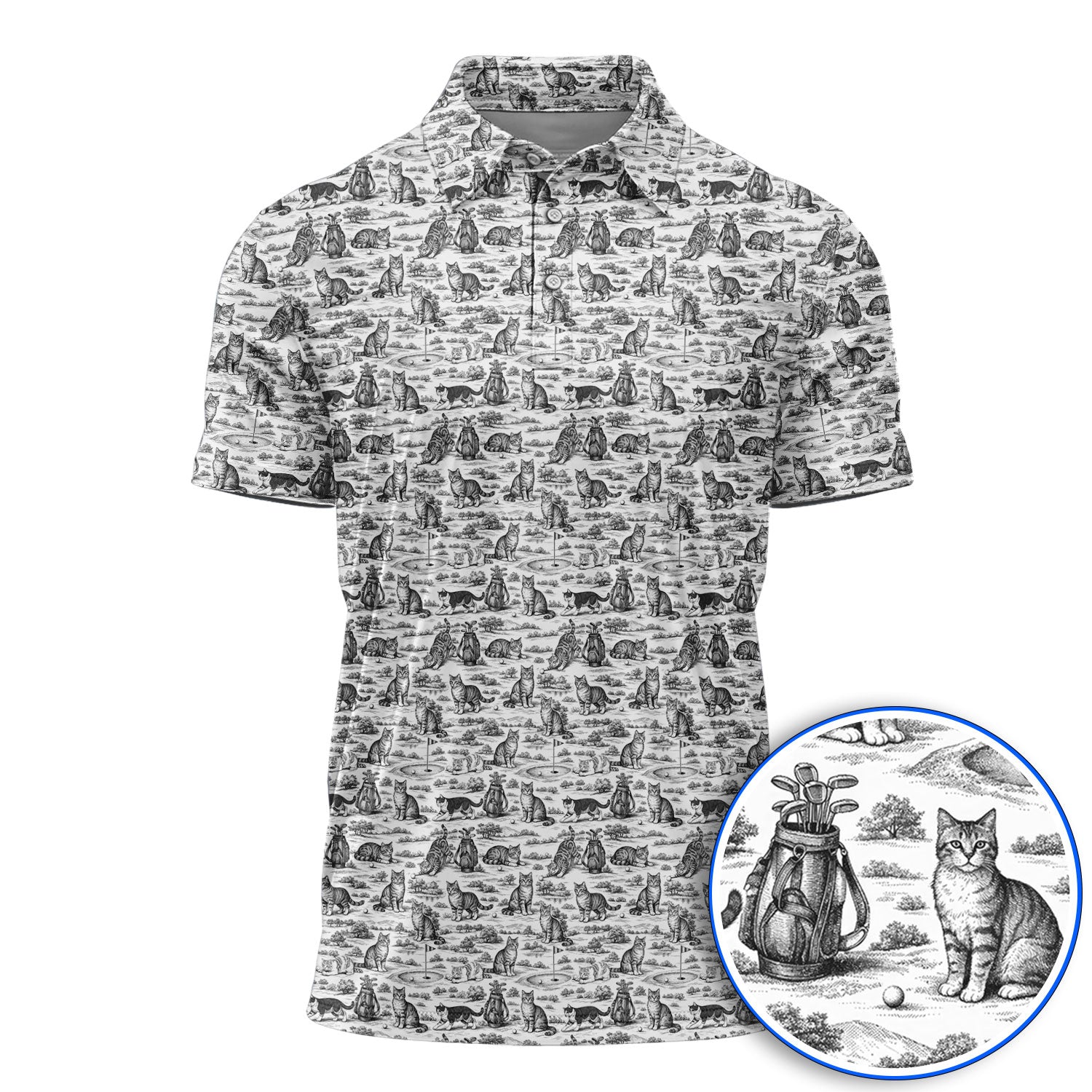 Toile De Jouy Pattern Golf Polos, Crazy Cat Golf Shirt For Golfer, Golf Gift For Pet Lover