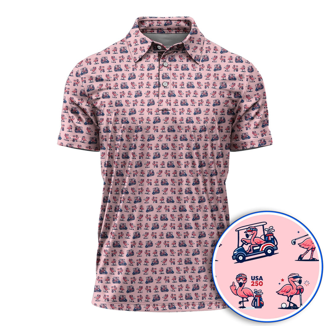 Funny Flamingo Pattern Golf Polos, USA 250 Patriotic Summer Golf Shirt, Crazy Golf Gift For Golfer