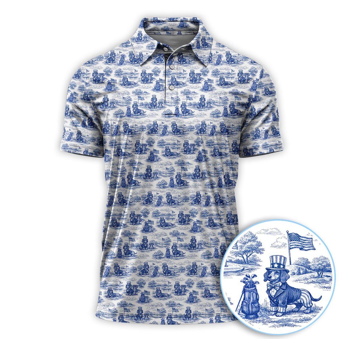 Toile De Jouy Dachshund Golf Polos, USA Wiener Dog Pattern Golf Shirt, Golf Gift For Men
