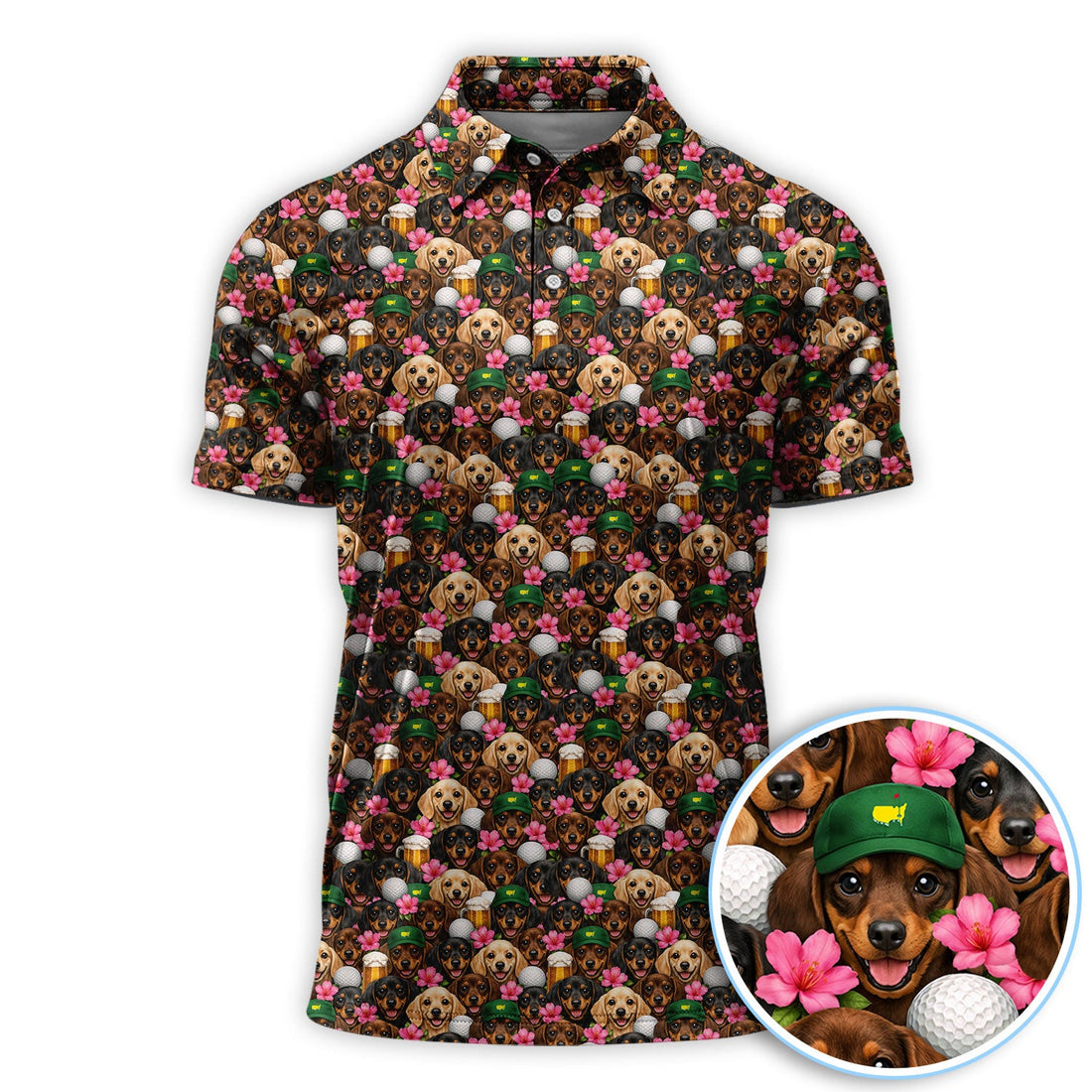 Dachshund Pattern Golf Shirt, Funny Wiener Dog Golf Polos, Golf Gift For Men