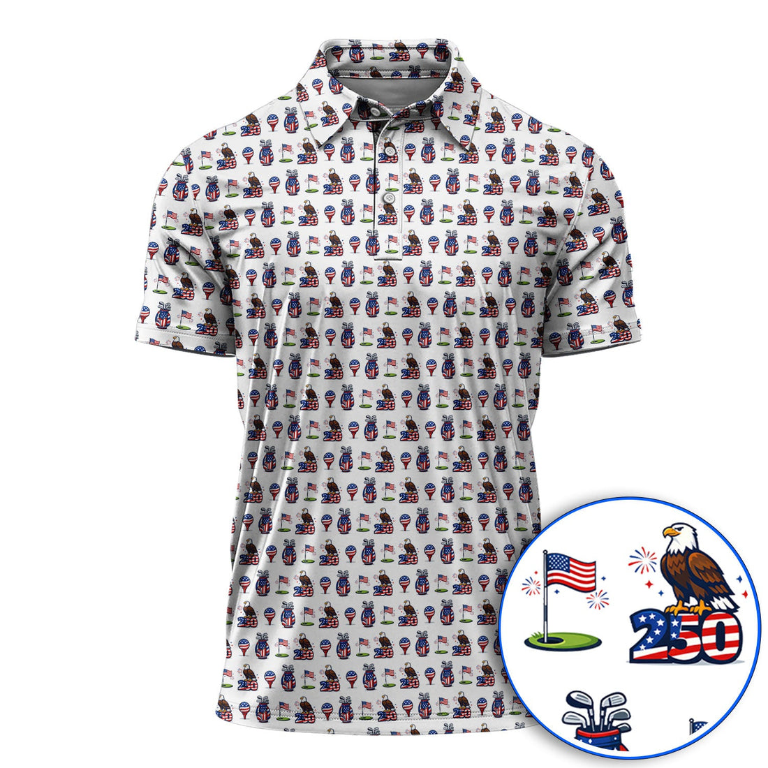 American Freedom Pattern Golf Shirt, USA 250 Eagle & Flag Pattern Golf Polos, Crazy Golf Gift For Golfer