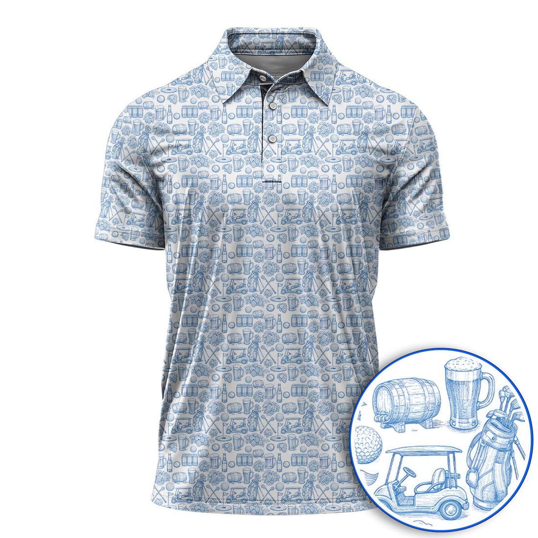 Toile De Jouy Pattern Golf Polos,  Funny Beer Golf Shirt For Men, Golf Gift For Golfer