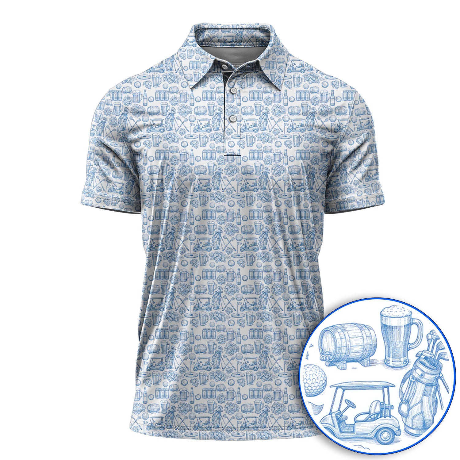Toile De Jouy Pattern Golf Polos,  Funny Beer Golf Shirt For Men, Golf Gift For Golfer