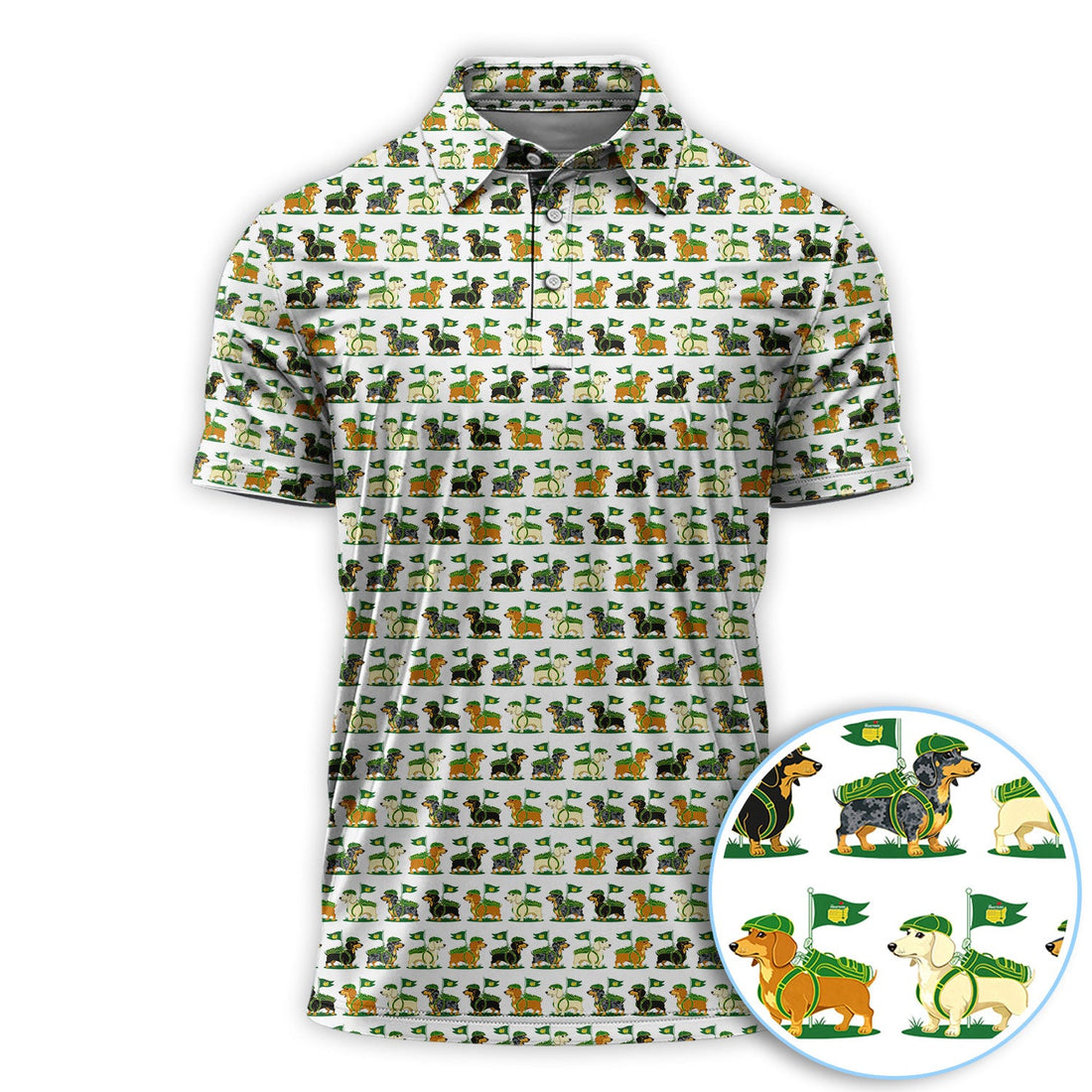 Dachshund Masters Golf Polos For Men, Wiener Dog Pattern Golf Shirt, Crazy Golf Shirt For Golfer