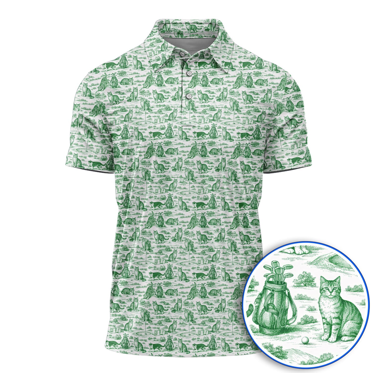 Toile De Jouy Pattern Golf Polos, Crazy Cat Golf Shirt For Golfer, Golf Gift For Pet Lover