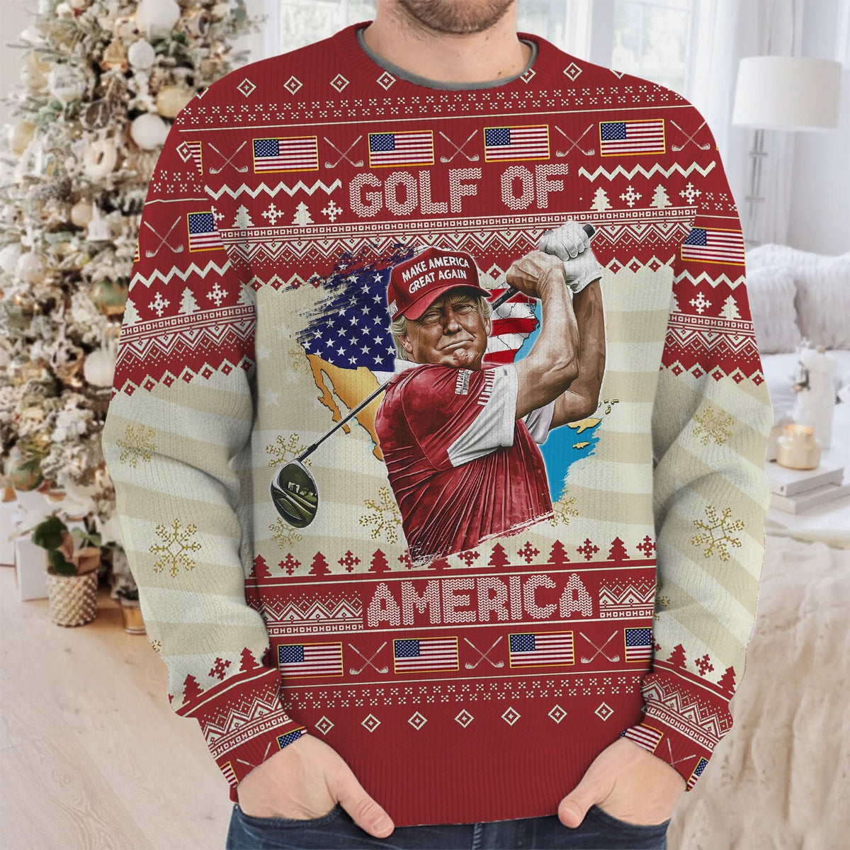 Trump Golf Of America Christmas Golf Shirt Christmas Ugly Sweater, Golf Ugly Christmas Sweater, Christmas Golf Shirt
