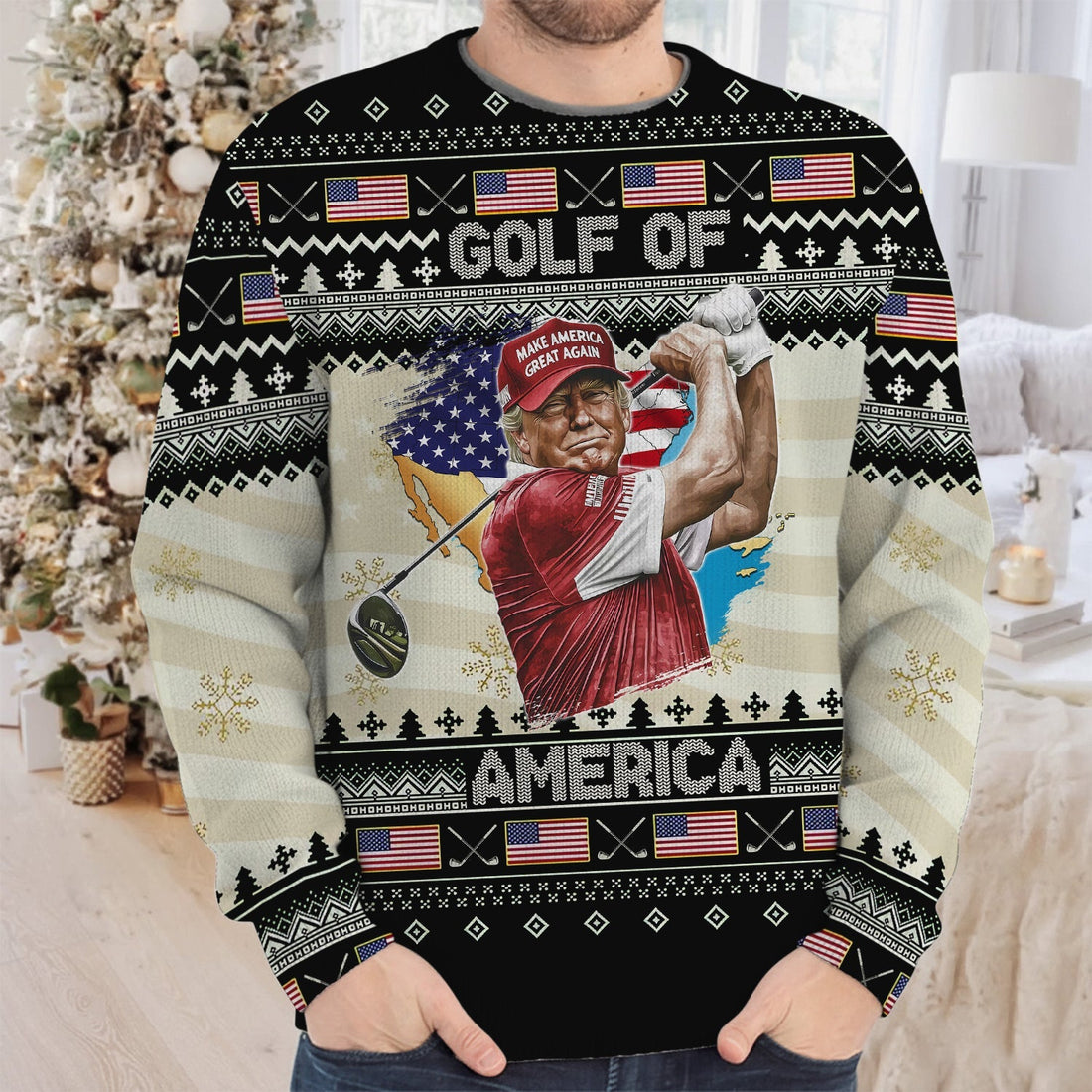 Trump Golf Of America Christmas Golf Shirt Christmas Ugly Sweater, Golf Ugly Christmas Sweater